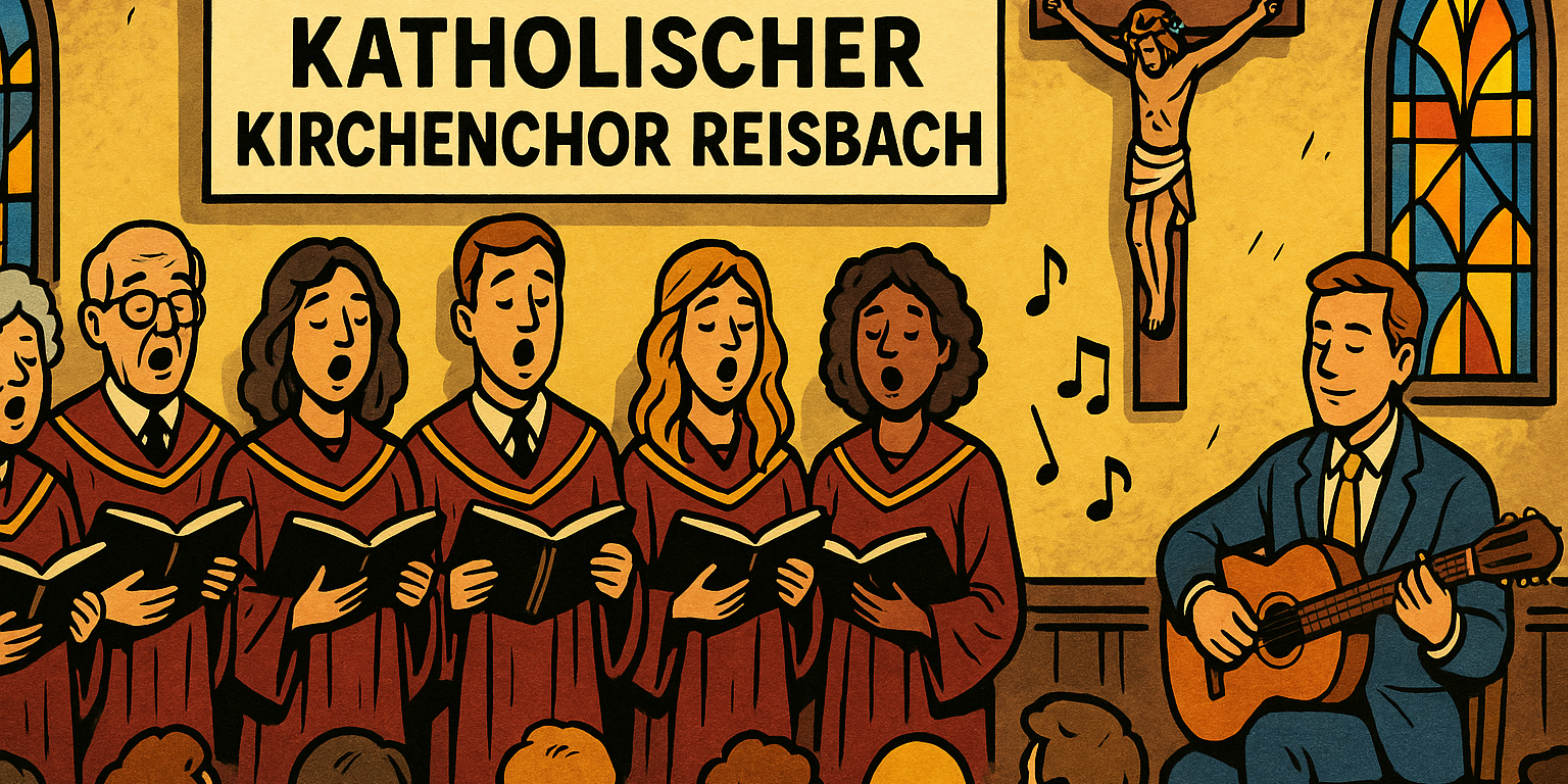 Comicartige, feierliche Szene in einer Kirche: Mehrere Chormitglieder in weinroten Roben singen gemeinsam unter einem Banner mit der Aufschrift 220 Jahre Katholischer Kirchenchor Reisbach. Neben ihnen spielt ein Gitarrist, im Hintergrund sind bunte Kirchenfenster und ein Kruzifix zu sehen. Vor dem Chor sitzt das Publikum und hört andächtig zu (c) Pfarrei St. Josef Saarwellingen Comicartige, feierliche Szene in einer Kirche: Mehrere Chormitglieder in weinroten Roben singen gemeinsam unter einem Banner mit der Aufschrift 220 Jahre Katholischer Kirchenchor Reisbach. Neben ihnen spielt ein Gitarrist, im Hintergrund sind bunte Kirchenfenster und ein Kruzifix zu sehen. Vor dem Chor sitzt das Publikum und hört andächtig zu