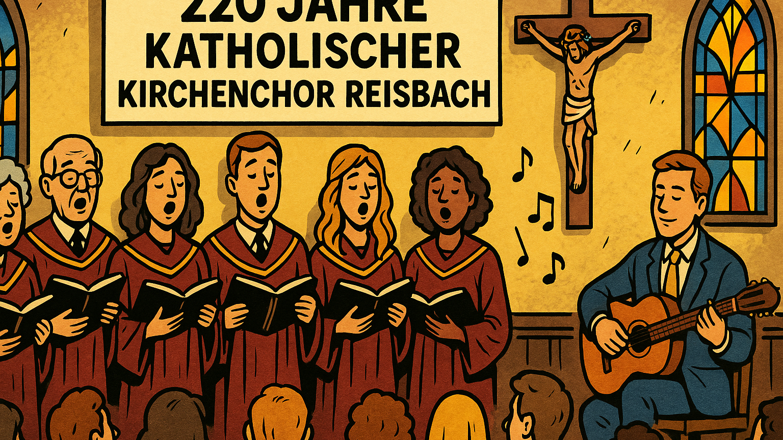 Comicartige, feierliche Szene in einer Kirche: Mehrere Chormitglieder in weinroten Roben singen gemeinsam unter einem Banner mit der Aufschrift 220 Jahre Katholischer Kirchenchor Reisbach. Neben ihnen spielt ein Gitarrist, im Hintergrund sind bunte Kirchenfenster und ein Kruzifix zu sehen. Vor dem Chor sitzt das Publikum und hört andächtig zu