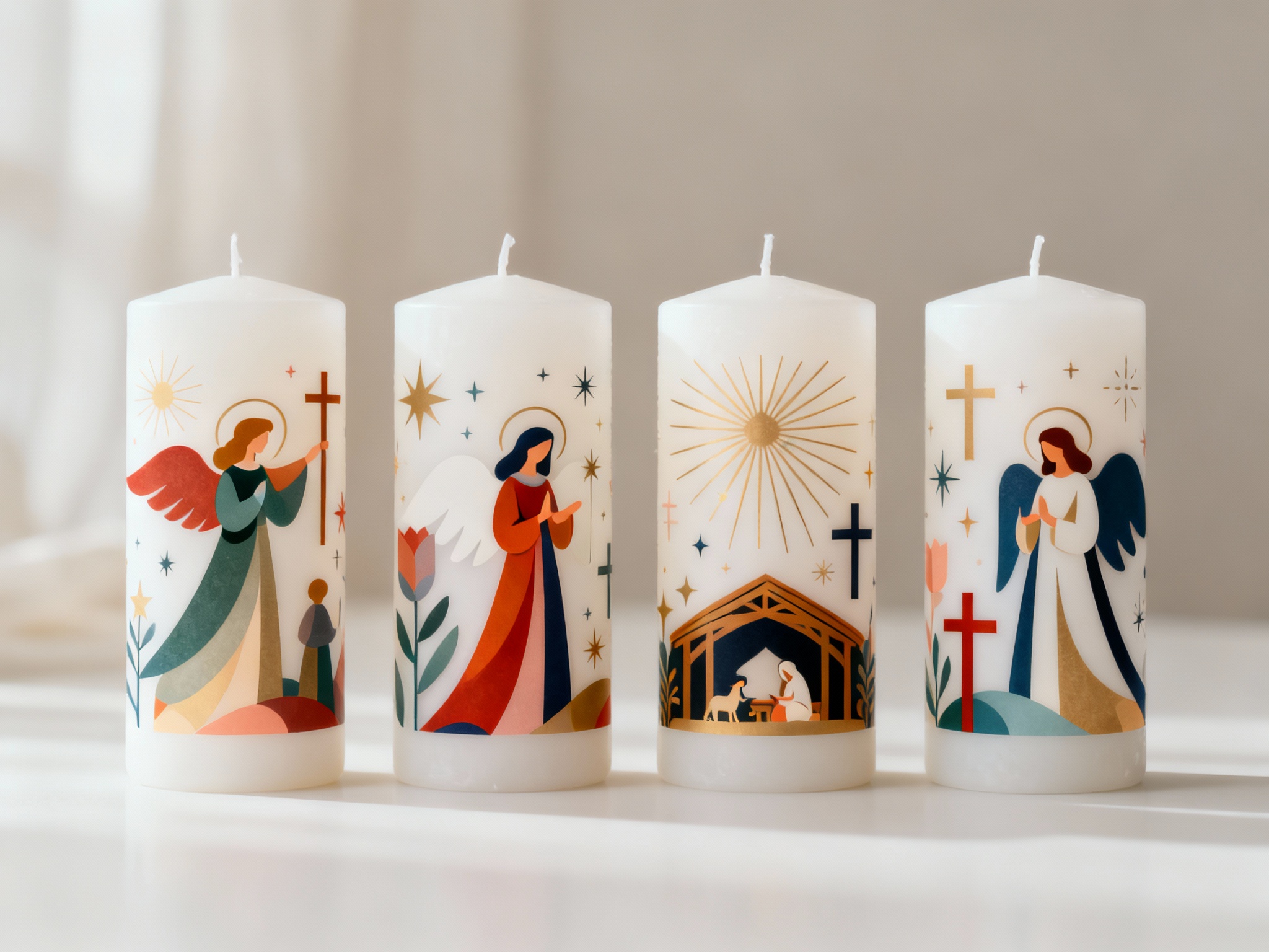 Vier weiße Kerzen mit farbenfrohen christlichen Motiven. Darauf sind Engel mit Heiligenschein, Kreuzen und Blumen dargestellt sowie eine Krippenszene unter goldenen Strahlen und Sternen