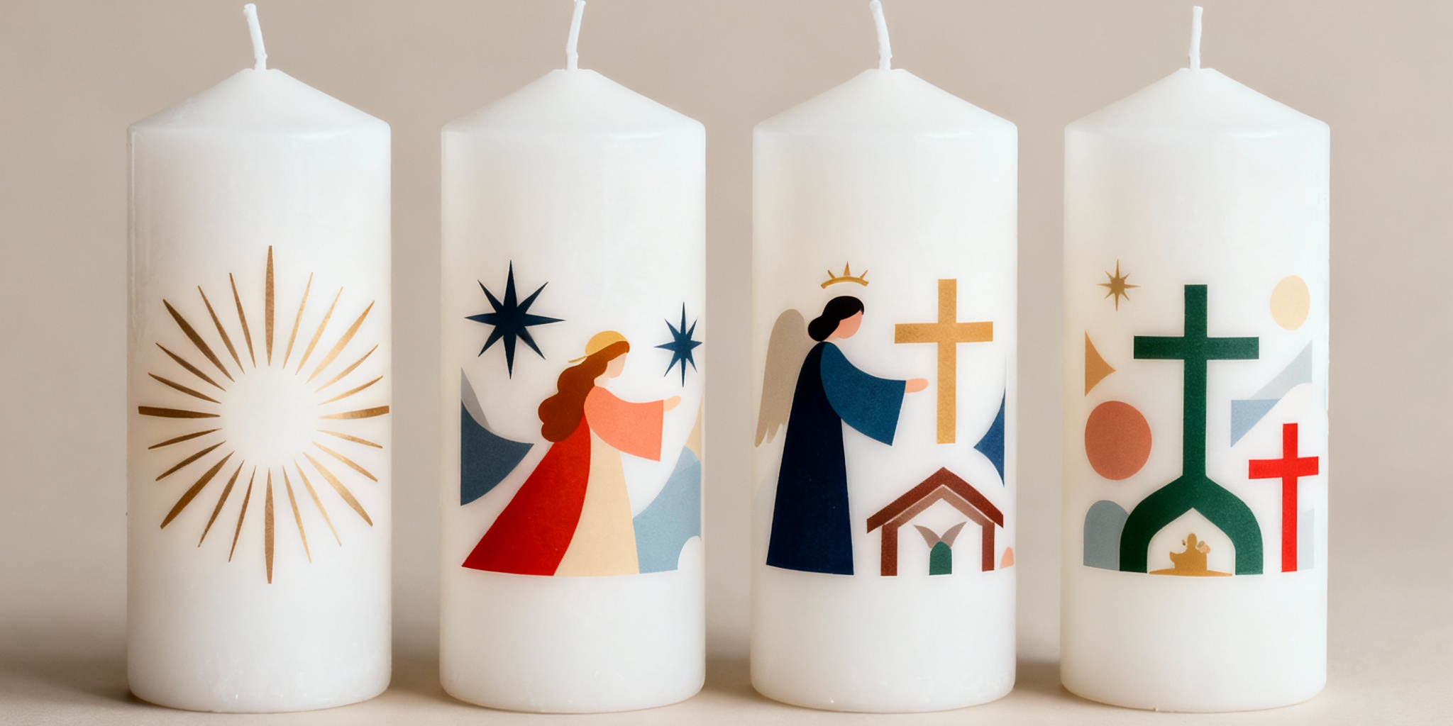 Vier weiße Kerzen mit schlichten christlichen Symbolen in moderner Gestaltung. Abgebildet sind goldene Strahlen, ein Engel mit Sternen, ein Engel mit Kreuz und Kirche sowie stilisierte Kreuze in bunten Formen (c) Pfarrei St. Josef Saarwellingen Vier weiße Kerzen mit schlichten christlichen Symbolen in moderner Gestaltung. Abgebildet sind goldene Strahlen, ein Engel mit Sternen, ein Engel mit Kreuz und Kirche sowie stilisierte Kreuze in bunten Formen