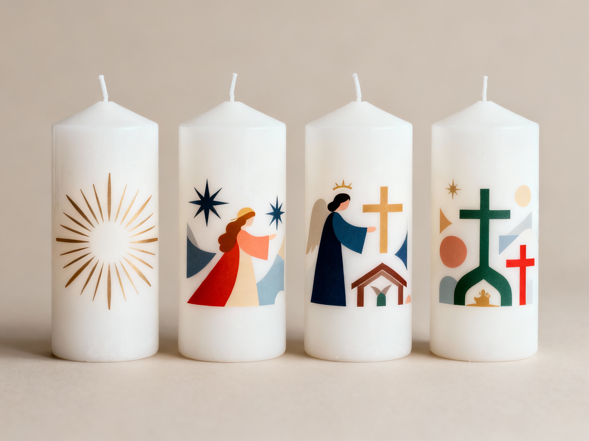 Vier weiße Kerzen mit schlichten christlichen Symbolen in moderner Gestaltung. Abgebildet sind goldene Strahlen, ein Engel mit Sternen, ein Engel mit Kreuz und Kirche sowie stilisierte Kreuze in bunten Formen