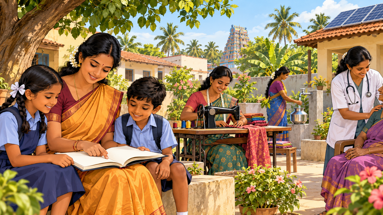 Comicillustration einer Dorfgemeinschaft in Indien: Eine Lehrerin liest mit zwei Kindern, eine Frau arbeitet an einer Nähmaschine, eine weitere holt Wasser an einem Hahn. Eine Ärztin betreut eine ältere Frau. Auf einem Hausdach sind Solarmodule zu sehen.