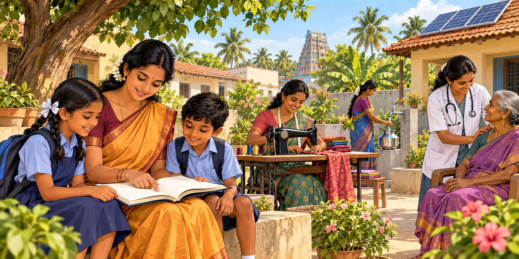 Comicillustration einer Dorfgemeinschaft in Indien: Eine Lehrerin liest mit zwei Kindern, eine Frau arbeitet an einer Nähmaschine, eine weitere holt Wasser an einem Hahn. Eine Ärztin betreut eine ältere Frau. Auf einem Hausdach sind Solarmodule zu sehen.