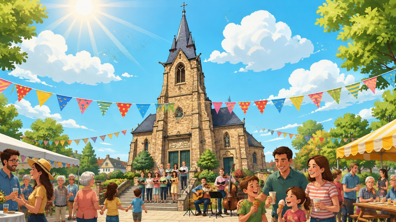 Comicartige Darstellung eines fröhlichen Kirchenfestes vor der Kirche St. Josef in Saarwellingen. Familien, Kinder und ältere Menschen feiern gemeinsam zwischen bunten Wimpelketten, Festzelten und Sitzplätzen, während vor der Kirche ein Chor und Musiker auftreten.