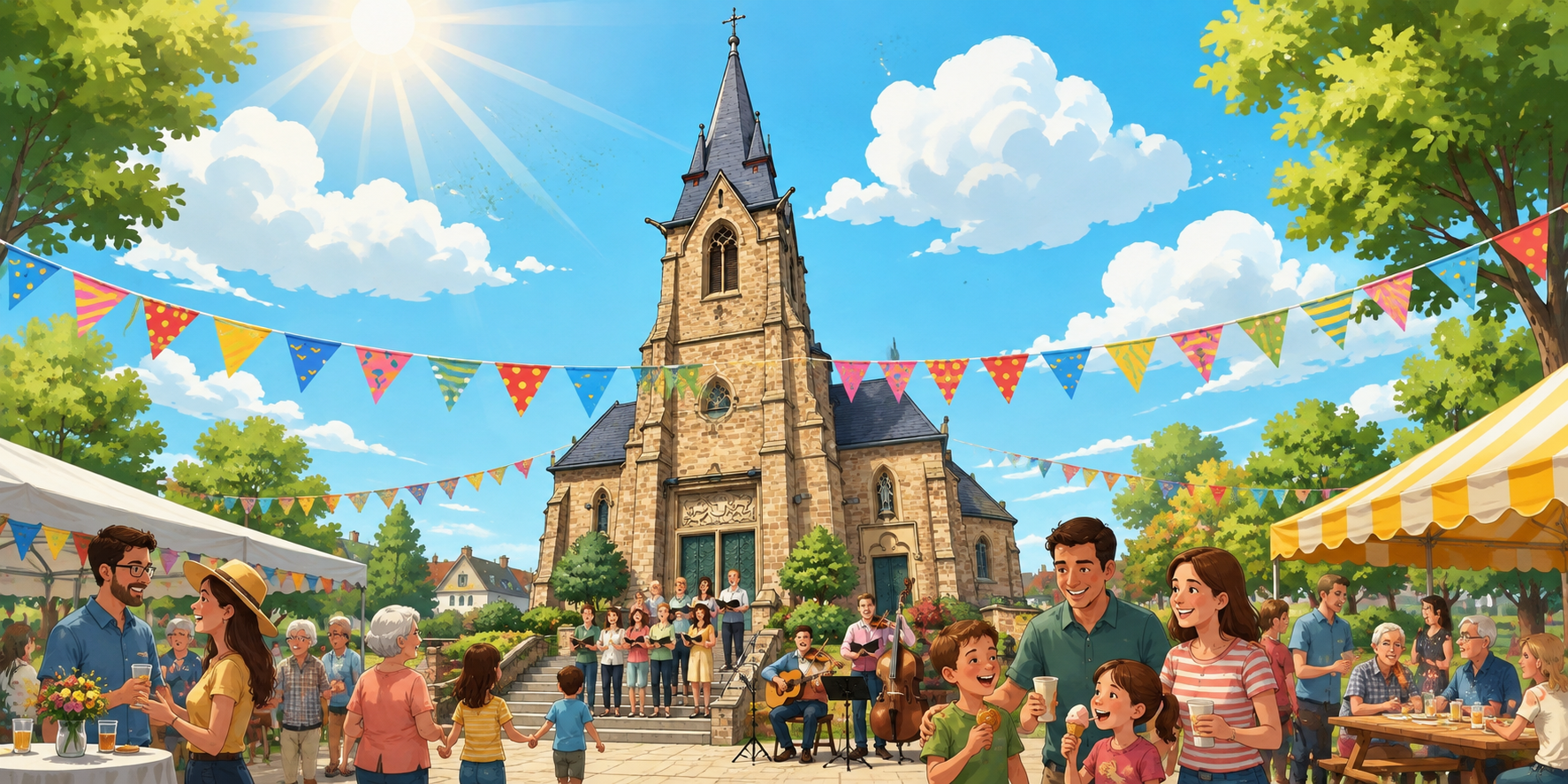 Comicartige Darstellung eines fröhlichen Kirchenfestes vor der Kirche St. Josef in Saarwellingen. Familien, Kinder und ältere Menschen feiern gemeinsam zwischen bunten Wimpelketten, Festzelten und Sitzplätzen, während vor der Kirche ein Chor und Musiker auftreten. (c) Pfarrei Saarwellingen St. Josef Comicartige Darstellung eines fröhlichen Kirchenfestes vor der Kirche St. Josef in Saarwellingen. Familien, Kinder und ältere Menschen feiern gemeinsam zwischen bunten Wimpelketten, Festzelten und Sitzplätzen, während vor der Kirche ein Chor und Musiker auftreten.