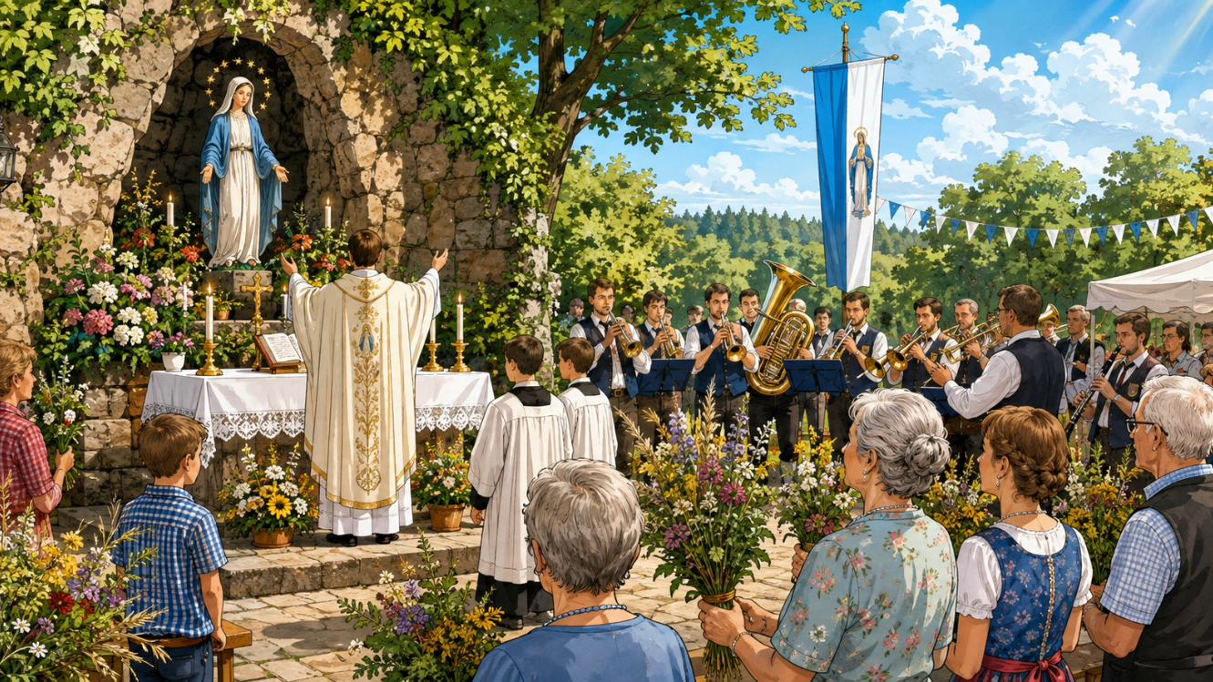 Comicartige Darstellung eines festlichen Open-Air-Gottesdienstes an der Mariengrotte in Schwarzenholz. Vor einer Marienstatue feiert ein Priester das Festhochamt, begleitet von Ministranten und dem Musikverein, während Gläubige mit Kräuterwischen in einer sommerlich geschmückten Atmosphäre teilnehmen.