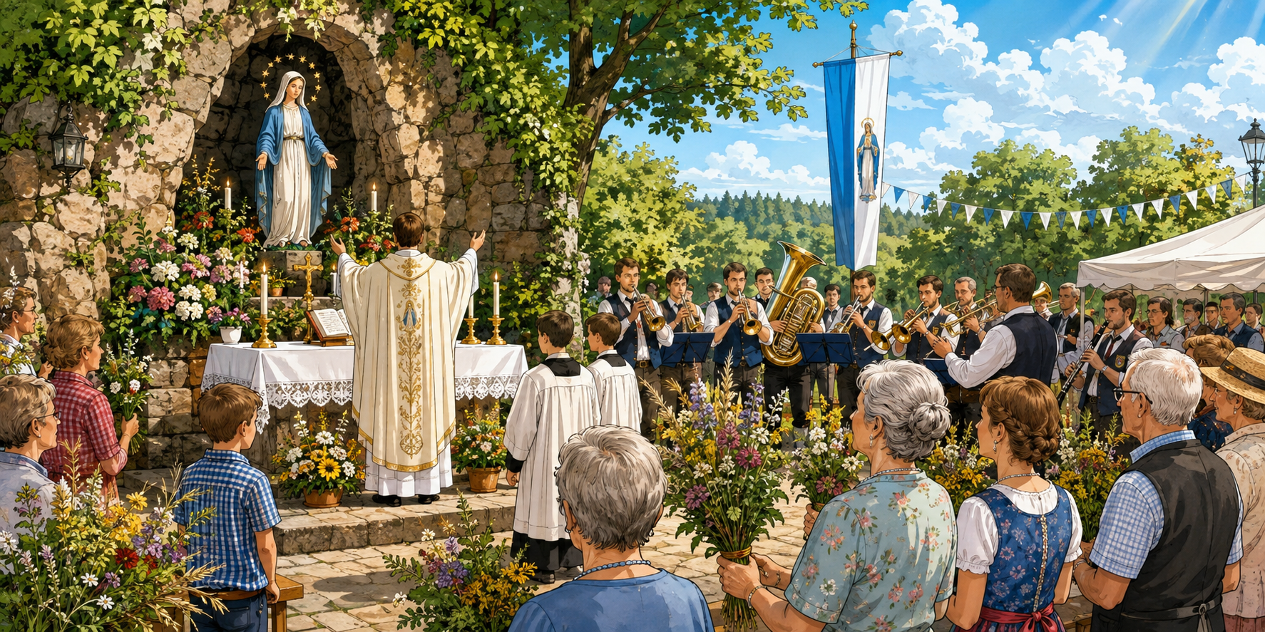 Comicartige Darstellung eines festlichen Open-Air-Gottesdienstes an der Mariengrotte in Schwarzenholz. Vor einer Marienstatue feiert ein Priester das Festhochamt, begleitet von Ministranten und dem Musikverein, während Gläubige mit Kräuterwischen in einer sommerlich geschmückten Atmosphäre teilnehmen. (c) Pfarrei Saarwellingen St. Josef Comicartige Darstellung eines festlichen Open-Air-Gottesdienstes an der Mariengrotte in Schwarzenholz. Vor einer Marienstatue feiert ein Priester das Festhochamt, begleitet von Ministranten und dem Musikverein, während Gläubige mit Kräuterwischen in einer sommerlich geschmückten Atmosphäre teilnehmen.