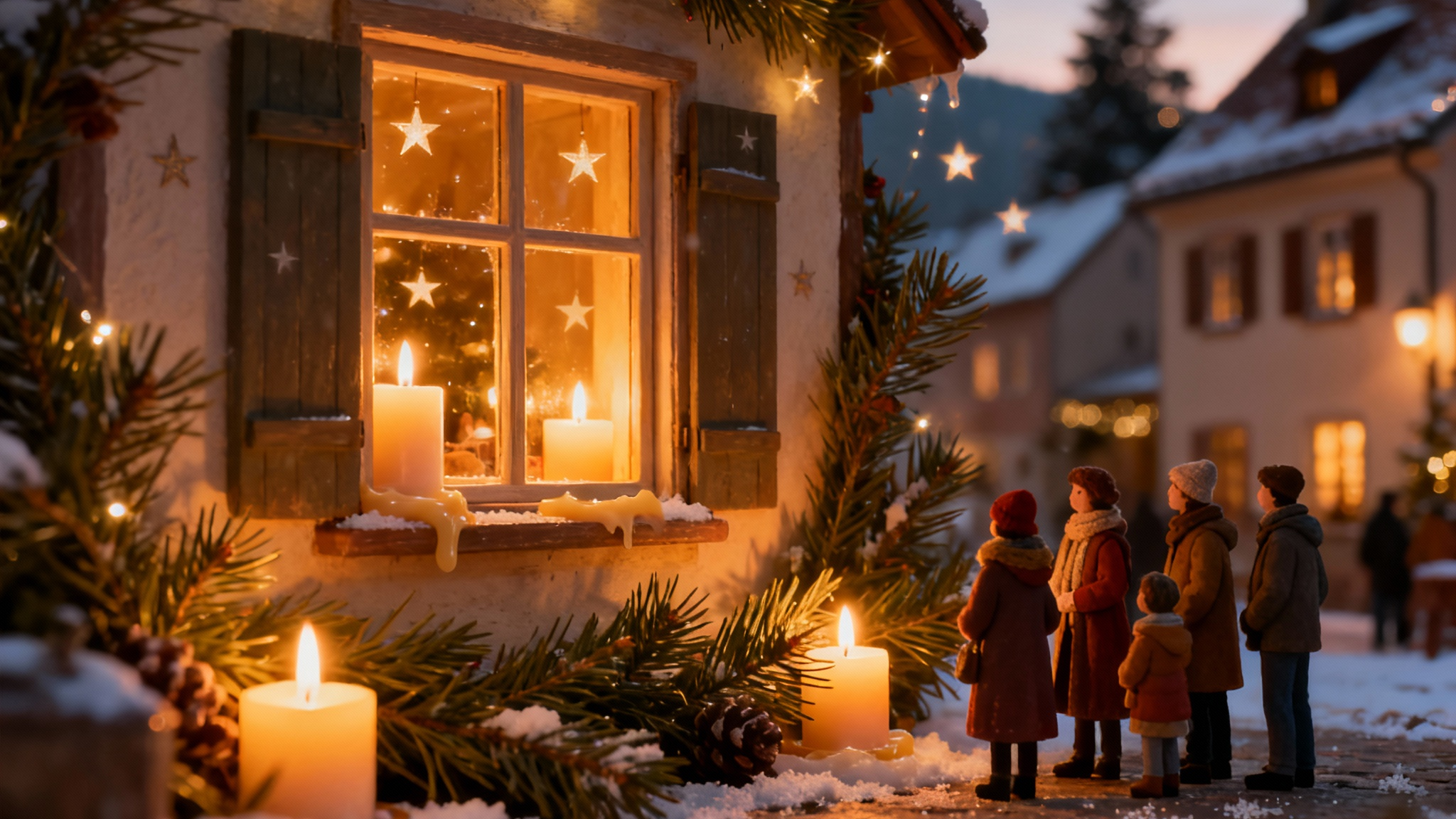 Winterliche Dorfszene bei Abenddämmerung. Vor einem weihnachtlich geschmückten Fenster mit Kerzen und Sternen stehen mehrere Menschen in warmen Mänteln. Um das Haus sind Tannenzweige, Lichterketten und Kerzen dekoriert, im Hintergrund sind verschneite Häuser mit leuchtenden Fenstern zu sehen.