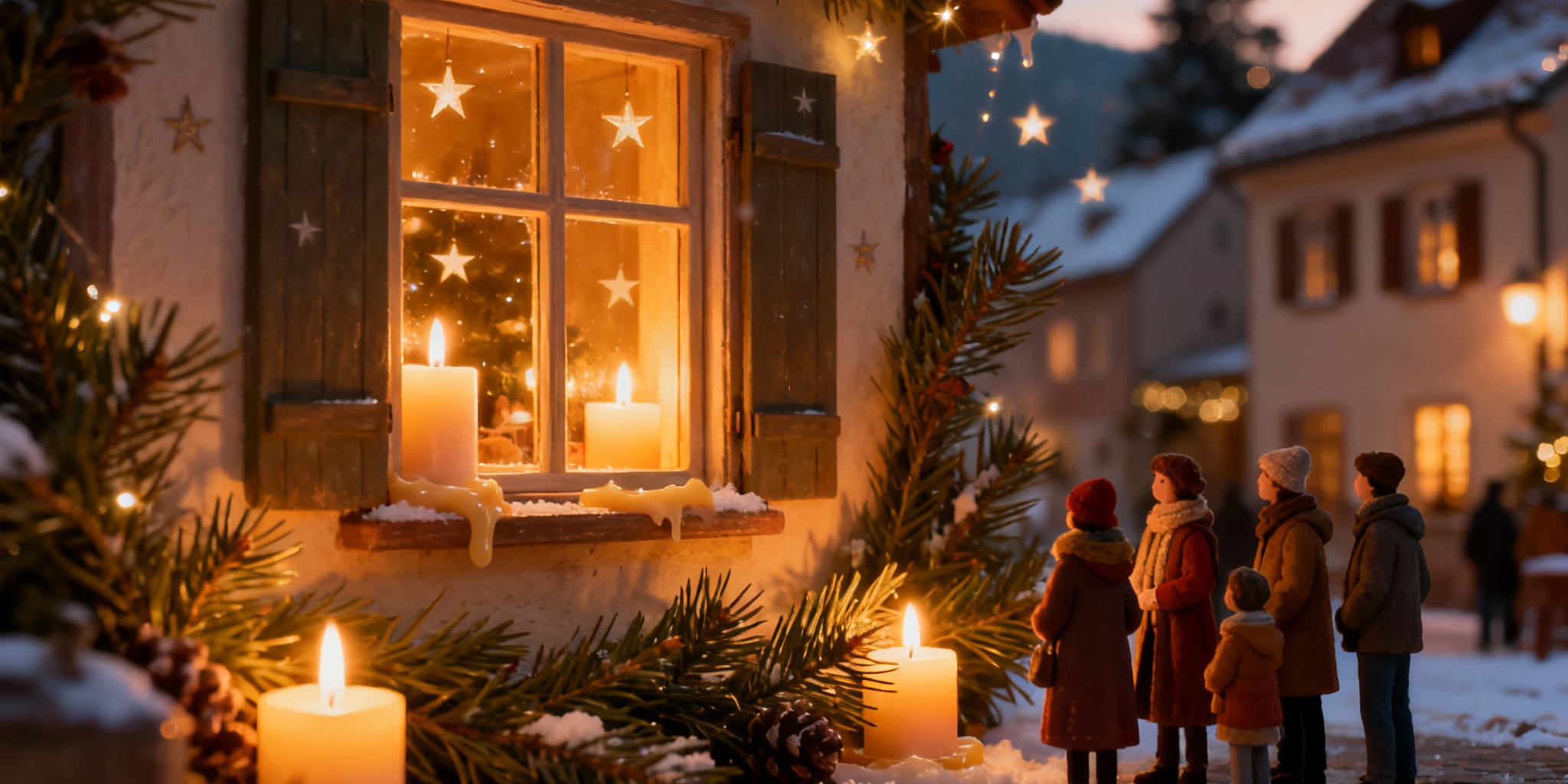 Winterliche Dorfszene bei Abenddämmerung. Vor einem weihnachtlich geschmückten Fenster mit Kerzen und Sternen stehen mehrere Menschen in warmen Mänteln. Um das Haus sind Tannenzweige, Lichterketten und Kerzen dekoriert, im Hintergrund sind verschneite Häuser mit leuchtenden Fenstern zu sehen. (c) Pfarrei St. Josef Saarwellingen Winterliche Dorfszene bei Abenddämmerung. Vor einem weihnachtlich geschmückten Fenster mit Kerzen und Sternen stehen mehrere Menschen in warmen Mänteln. Um das Haus sind Tannenzweige, Lichterketten und Kerzen dekoriert, im Hintergrund sind verschneite Häuser mit leuchtenden Fenstern zu sehen.