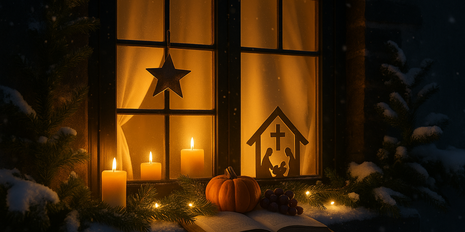 Winterliche Szene mit einem adventlich geschmückten Fenster bei Nacht. Im Fenster brennen drei Kerzen, daneben ein Stern und eine Krippensilhouette mit Kreuz. Vor dem Fenster liegen Tannenzweige, eine Bibel, Trauben und ein Kürbis, umrahmt von Schnee und warmem Licht