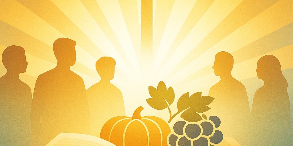 Illustration mit einer offenen Bibel im Vordergrund, aus der goldenes Licht aufsteigt. Darauf liegen eine Weintraube und ein Kürbis. Im Hintergrund stehen stilisierte Silhouetten von fünf Menschen in Gemeinschaft. Über allem strahlt ein Kreuz in hellem Licht mit goldenen Strahlen (c) Pfarrei St. Josef Saarwellingen Illustration mit einer offenen Bibel im Vordergrund, aus der goldenes Licht aufsteigt. Darauf liegen eine Weintraube und ein Kürbis. Im Hintergrund stehen stilisierte Silhouetten von fünf Menschen in Gemeinschaft. Über allem strahlt ein Kreuz in hellem Licht mit goldenen Strahlen