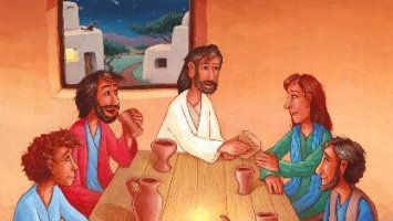 Plakat zur Erstkommunion mit dem Titel „Ihr seid meine Freunde!“. Darstellung von Jesus beim Abendmahl mit fünf Jüngern. Logo des Bonifatiuswerks unten rechts.