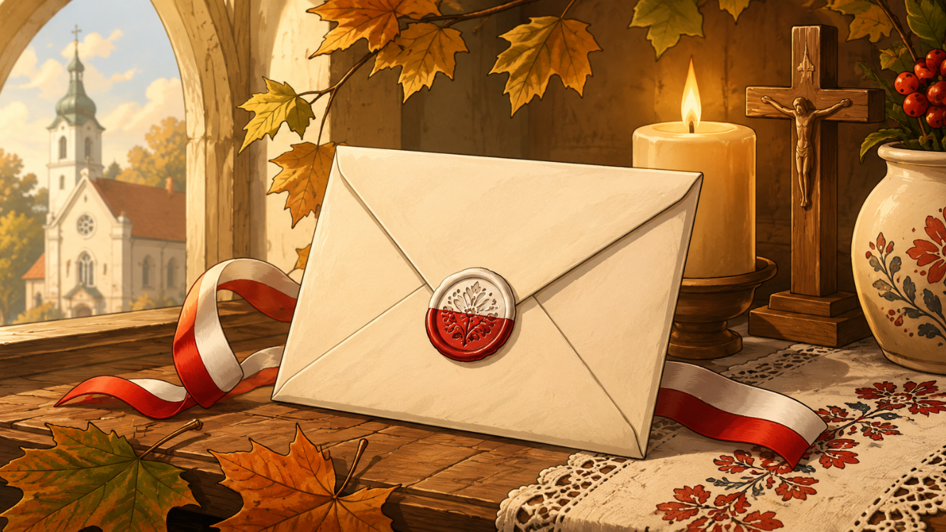 Comicartige Illustration eines verschlossenen Briefumschlags auf einer Fensterbank in warmem Herbstlicht. Daneben stehen eine brennende Kerze, ein Holzkreuz und eine Vase mit traditionellem Muster. Rote und weiße Bänder sowie herbstliche Blätter deuten auf Polen und den Monat September hin. Im Hintergrund ist durch ein Kirchenfenster eine Kirche zu sehen. Die Szene wirkt ruhig, erwartungsvoll und einladend.