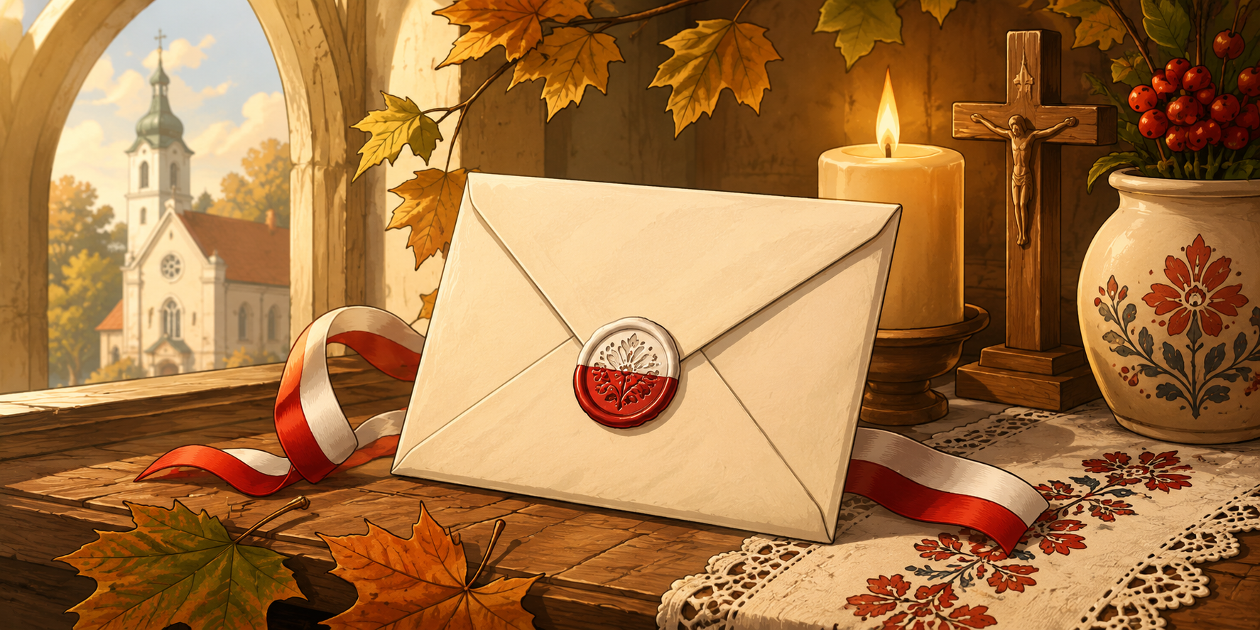 Comicartige Illustration eines verschlossenen Briefumschlags auf einer Fensterbank in warmem Herbstlicht. Daneben stehen eine brennende Kerze, ein Holzkreuz und eine Vase mit traditionellem Muster. Rote und weiße Bänder sowie herbstliche Blätter deuten auf Polen und den Monat September hin. Im Hintergrund ist durch ein Kirchenfenster eine Kirche zu sehen. Die Szene wirkt ruhig, erwartungsvoll und einladend. (c) Pfarrei Saarwellingen St. Josef Comicartige Illustration eines verschlossenen Briefumschlags auf einer Fensterbank in warmem Herbstlicht. Daneben stehen eine brennende Kerze, ein Holzkreuz und eine Vase mit traditionellem Muster. Rote und weiße Bänder sowie herbstliche Blätter deuten auf Polen und den Monat September hin. Im Hintergrund ist durch ein Kirchenfenster eine Kirche zu sehen. Die Szene wirkt ruhig, erwartungsvoll und einladend.