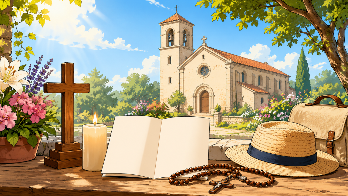 Comicartige Illustration einer sommerlichen Kirchenszene ohne Personen. Im Vordergrund liegen ein geöffnetes Heft, ein Rosenkranz, ein Strohhut und eine Tasche auf einem Holztisch. Daneben stehen eine Kerze, ein Holzkreuz und Blumen. Im Hintergrund ist bei hellem Sommerwetter eine Kirche mit Garten zu sehen. Das Bild vermittelt Ruhe, Glaube, Sommerferien und kirchliche Informationen.