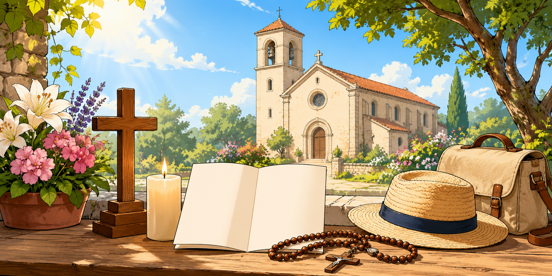 Comicartige Illustration einer sommerlichen Kirchenszene ohne Personen. Im Vordergrund liegen ein geöffnetes Heft, ein Rosenkranz, ein Strohhut und eine Tasche auf einem Holztisch. Daneben stehen eine Kerze, ein Holzkreuz und Blumen. Im Hintergrund ist bei hellem Sommerwetter eine Kirche mit Garten zu sehen. Das Bild vermittelt Ruhe, Glaube, Sommerferien und kirchliche Informationen. (c) Pfarrei Saarwellingen St. Josef Comicartige Illustration einer sommerlichen Kirchenszene ohne Personen. Im Vordergrund liegen ein geöffnetes Heft, ein Rosenkranz, ein Strohhut und eine Tasche auf einem Holztisch. Daneben stehen eine Kerze, ein Holzkreuz und Blumen. Im Hintergrund ist bei hellem Sommerwetter eine Kirche mit Garten zu sehen. Das Bild vermittelt Ruhe, Glaube, Sommerferien und kirchliche Informationen.
