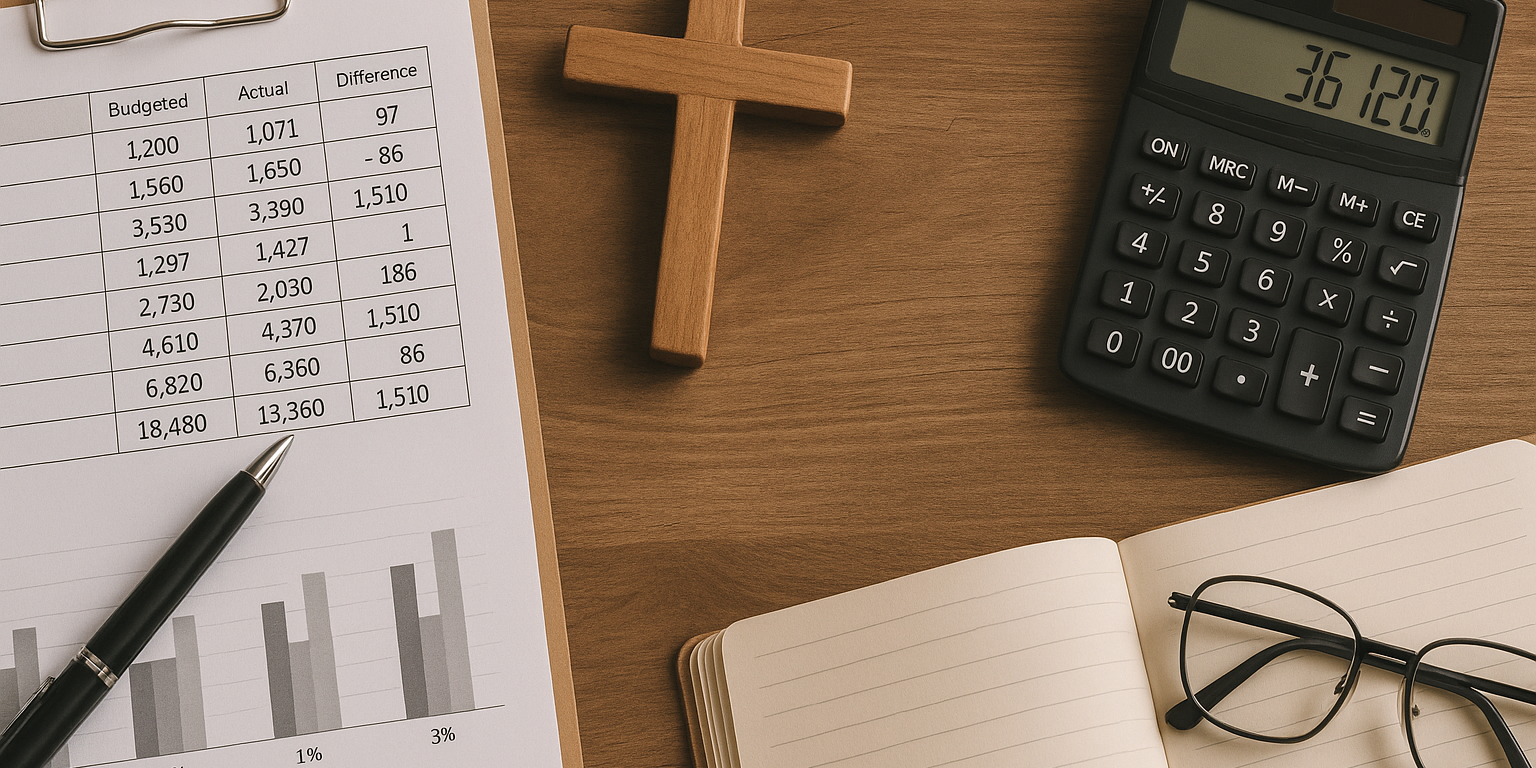 Ein Holztisch mit einem Klemmbrett, auf dem ein Finanzplan mit Diagrammen und Zahlen liegt. Daneben befinden sich ein Holzkreuz, ein Taschenrechner, eine geöffnete Notiz mit einer Brille und ein Stift – Symbolik für die Veröffentlichung eines kirchlichen Haushaltsplans. (c) Pfarrei St. Josef Saarwellingen Ein Holztisch mit einem Klemmbrett, auf dem ein Finanzplan mit Diagrammen und Zahlen liegt. Daneben befinden sich ein Holzkreuz, ein Taschenrechner, eine geöffnete Notiz mit einer Brille und ein Stift – Symbolik für die Veröffentlichung eines kirchlichen Haushaltsplans.