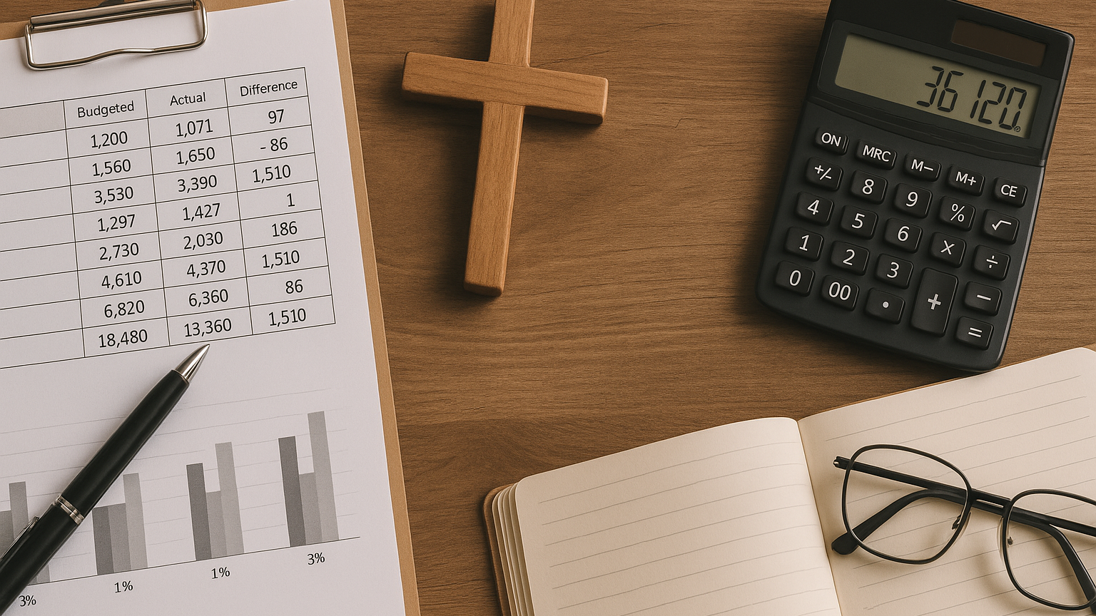 Ein Holztisch mit einem Klemmbrett, auf dem ein Finanzplan mit Diagrammen und Zahlen liegt. Daneben befinden sich ein Holzkreuz, ein Taschenrechner, eine geöffnete Notiz mit einer Brille und ein Stift – Symbolik für die Veröffentlichung eines kirchlichen Haushaltsplans.