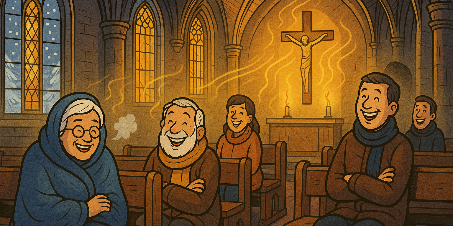 Eine comichafte Illustration zeigt den Innenraum einer gotischen Kirche im Winter. Durch bunte Glasfenster fällt warmes Sonnenlicht auf die Holzbänke. Einige Gläubige sitzen eingehüllt in Mäntel und Schals, lächeln und unterhalten sich freundlich. Man sieht ihren Atem in der kühlen Luft, während sanfte goldene Wärmewellen vom Altar mit einem Kreuz und brennenden Kerzen ausgehen. Die Szene wirkt ruhig, warm und gemeinschaftlich.