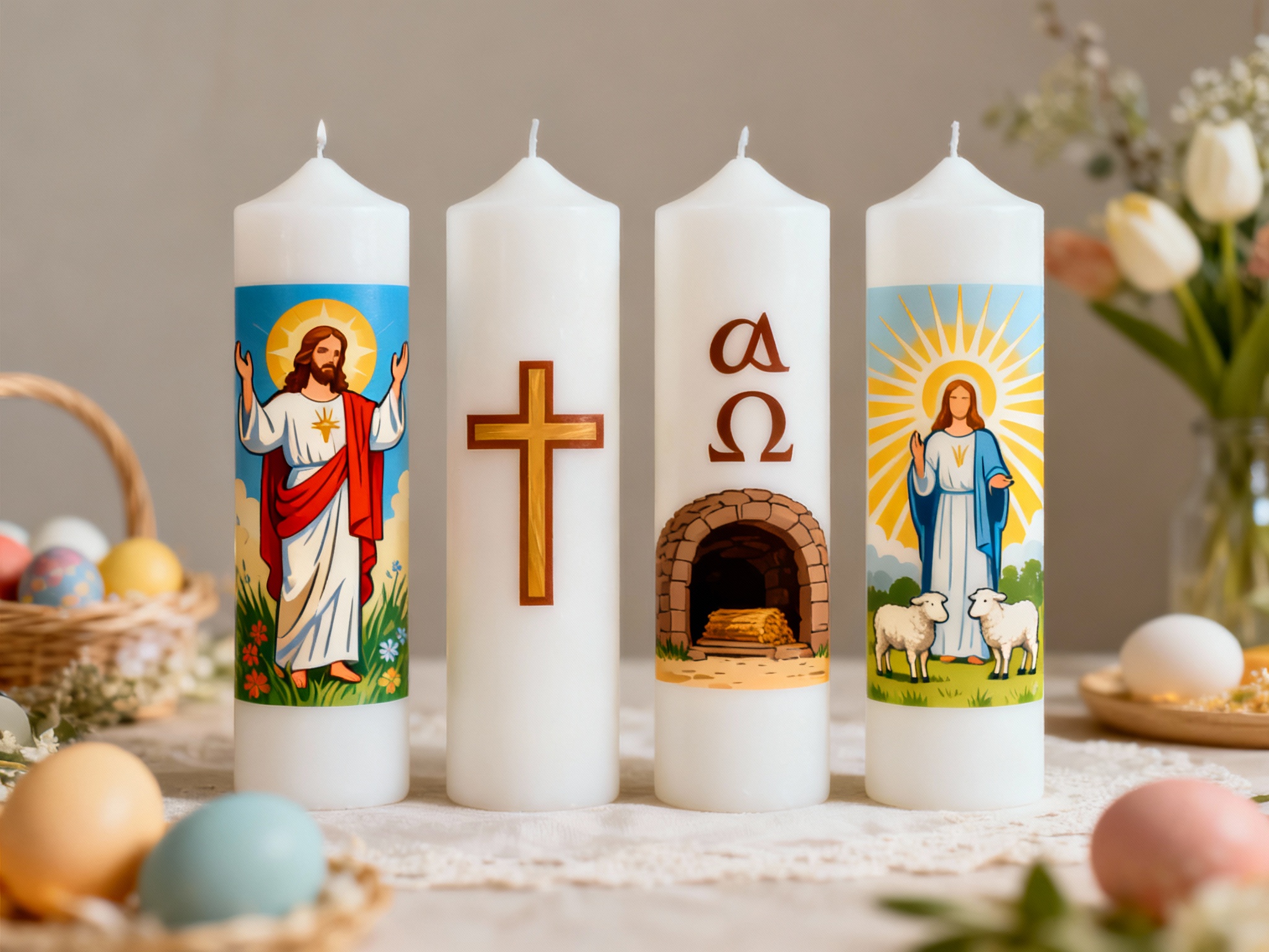 Vier weiße Kerzen mit österlichen christlichen Motiven. Abgebildet sind: Jesus mit rotem Gewand und Strahlenkranz, ein goldenes Kreuz, das leere Grab mit den Buchstaben Alpha und Omega sowie der Auferstandene mit zwei Schafen vor leuchtenden Strahlen. Im Hintergrund liegen bunte Ostereier und Blumen