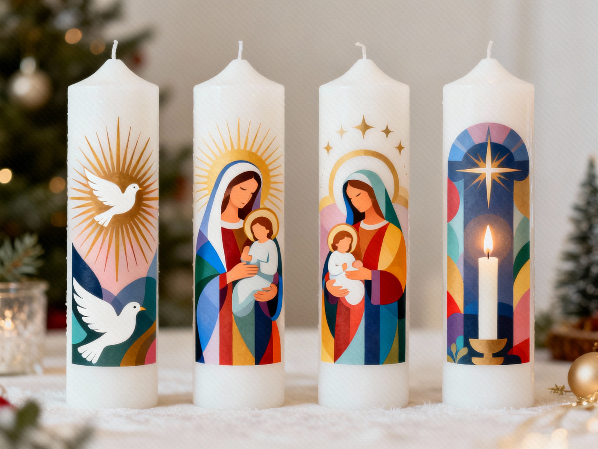 Vier weiße Kerzen mit farbenfrohen, modernen christlichen Motiven. Eine zeigt eine weiße Taube vor goldenen Strahlen, zwei Kerzen stellen Maria mit dem Jesuskind dar, und eine Kerze zeigt eine brennende Kerze vor einem stilisierten Kirchenfenster mit Stern