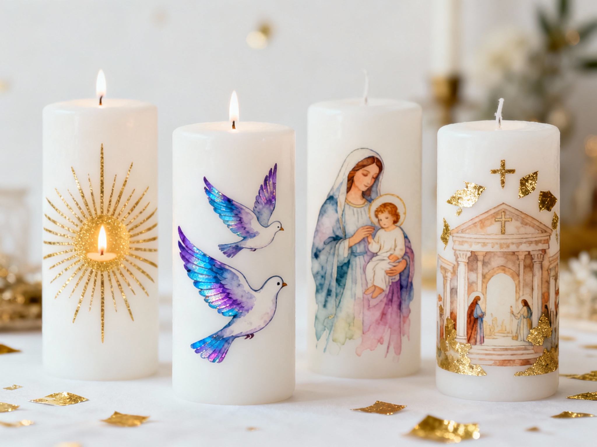 Vier weiße Kerzen mit traditionellen christlichen Motiven. Eine Kerze ist mit goldenen Strahlen verziert, eine mit zwei bunten Tauben in Blau und Violett. Eine weitere zeigt Maria mit dem Jesuskind in Aquarelloptik, die letzte eine Szene mit Tempel und Figuren, verziert mit goldenen Ornamenten