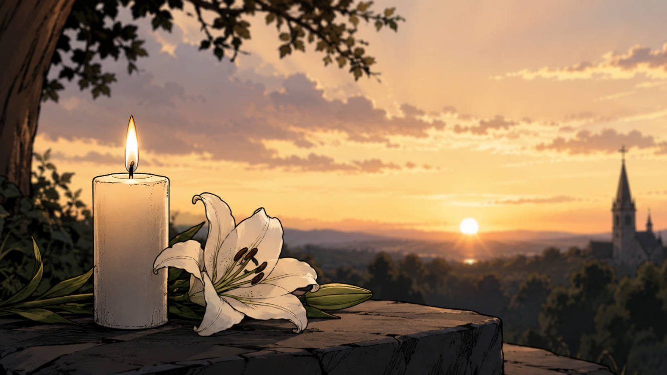 Ruhige, comicartige Illustration mit einer brennenden Kerze und einer weißen Lilie auf einer Steinplatte. Im Hintergrund ist bei warmem Sonnenuntergang eine Landschaft mit Bäumen und einer entfernten Kirche zu sehen. Die Szene wirkt still, würdevoll und tröstlich und eignet sich als allgemeines Artikelbild für einen Nachruf.