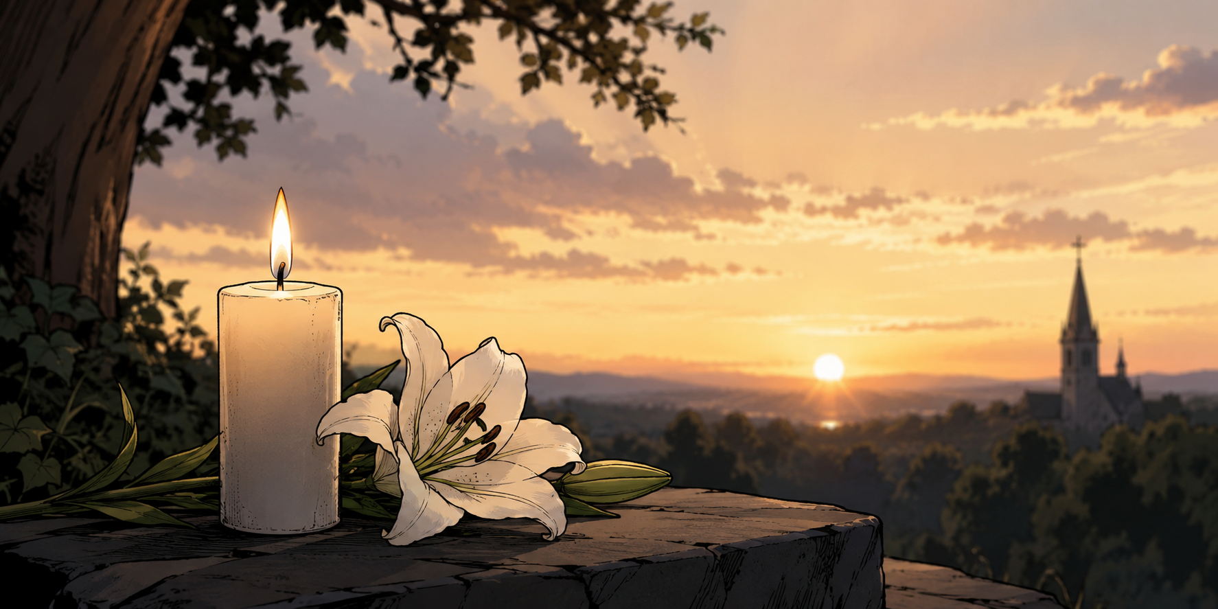 Ruhige, comicartige Illustration mit einer brennenden Kerze und einer weißen Lilie auf einer Steinplatte. Im Hintergrund ist bei warmem Sonnenuntergang eine Landschaft mit Bäumen und einer entfernten Kirche zu sehen. Die Szene wirkt still, würdevoll und tröstlich und eignet sich als allgemeines Artikelbild für einen Nachruf. (c) Pfarrei Saarwellingen St. Josef Ruhige, comicartige Illustration mit einer brennenden Kerze und einer weißen Lilie auf einer Steinplatte. Im Hintergrund ist bei warmem Sonnenuntergang eine Landschaft mit Bäumen und einer entfernten Kirche zu sehen. Die Szene wirkt still, würdevoll und tröstlich und eignet sich als allgemeines Artikelbild für einen Nachruf.