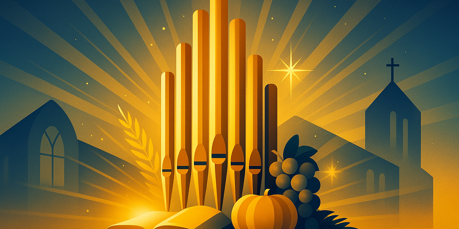 Illustration mit goldglänzenden Orgelpfeifen im Zentrum, aus denen Lichtstrahlen hervorgehen. Im Vordergrund liegen ein geöffnetes Buch, ein Kürbis und Trauben als Symbole für Festlichkeit und Fülle. Im Hintergrund sind stilisierte Kirchen mit Kreuz und gotischen Fenstern zu sehen, vor einem tiefblauen Nachthimmel mit Sternen (c) Pfarrei St. Josef Saarwellingen Illustration mit goldglänzenden Orgelpfeifen im Zentrum, aus denen Lichtstrahlen hervorgehen. Im Vordergrund liegen ein geöffnetes Buch, ein Kürbis und Trauben als Symbole für Festlichkeit und Fülle. Im Hintergrund sind stilisierte Kirchen mit Kreuz und gotischen Fenstern zu sehen, vor einem tiefblauen Nachthimmel mit Sternen