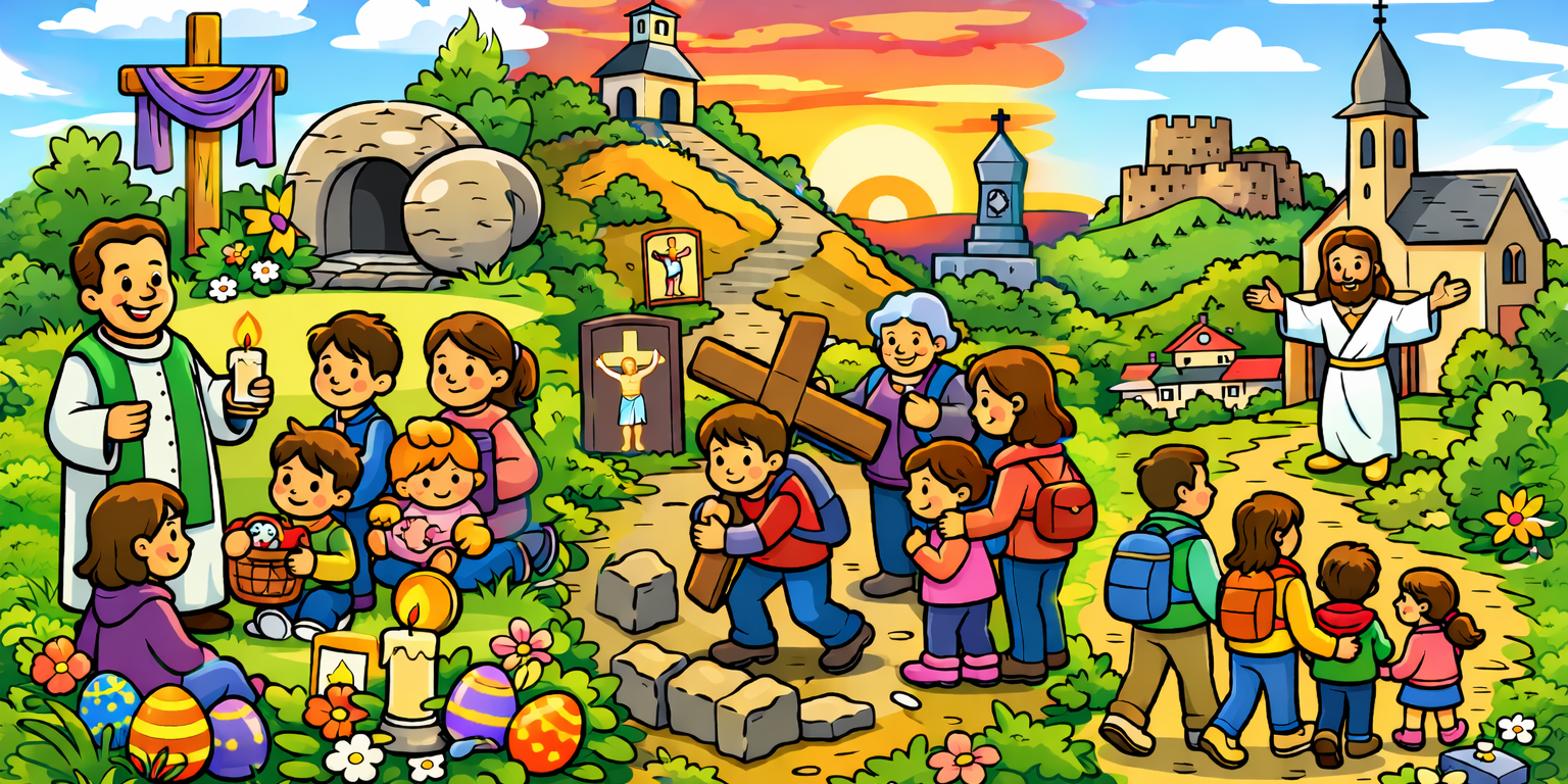 Bunte Comic-Illustration im Querformat zeigt Familien mit kleinen Kindern bei österlichen religiösen Aktivitäten im Freien: ein kleiner Gottesdienst mit Kindern, ein gemeinsamer Kreuzweg auf einem Hügel sowie ein Spaziergang zu einer Kirche mit einer Jesusfigur. Frühlingshafte Landschaft mit Blumen, Ostereiern und freundlicher, kindgerechter Atmosphäre.