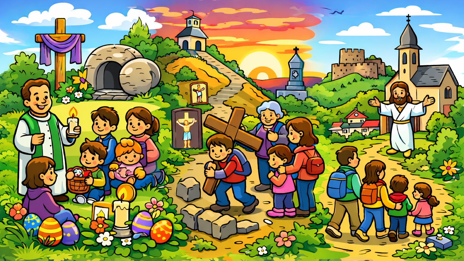 Bunte Comic-Illustration im Querformat zeigt Familien mit kleinen Kindern bei österlichen religiösen Aktivitäten im Freien: ein kleiner Gottesdienst mit Kindern, ein gemeinsamer Kreuzweg auf einem Hügel sowie ein Spaziergang zu einer Kirche mit einer Jesusfigur. Frühlingshafte Landschaft mit Blumen, Ostereiern und freundlicher, kindgerechter Atmosphäre.