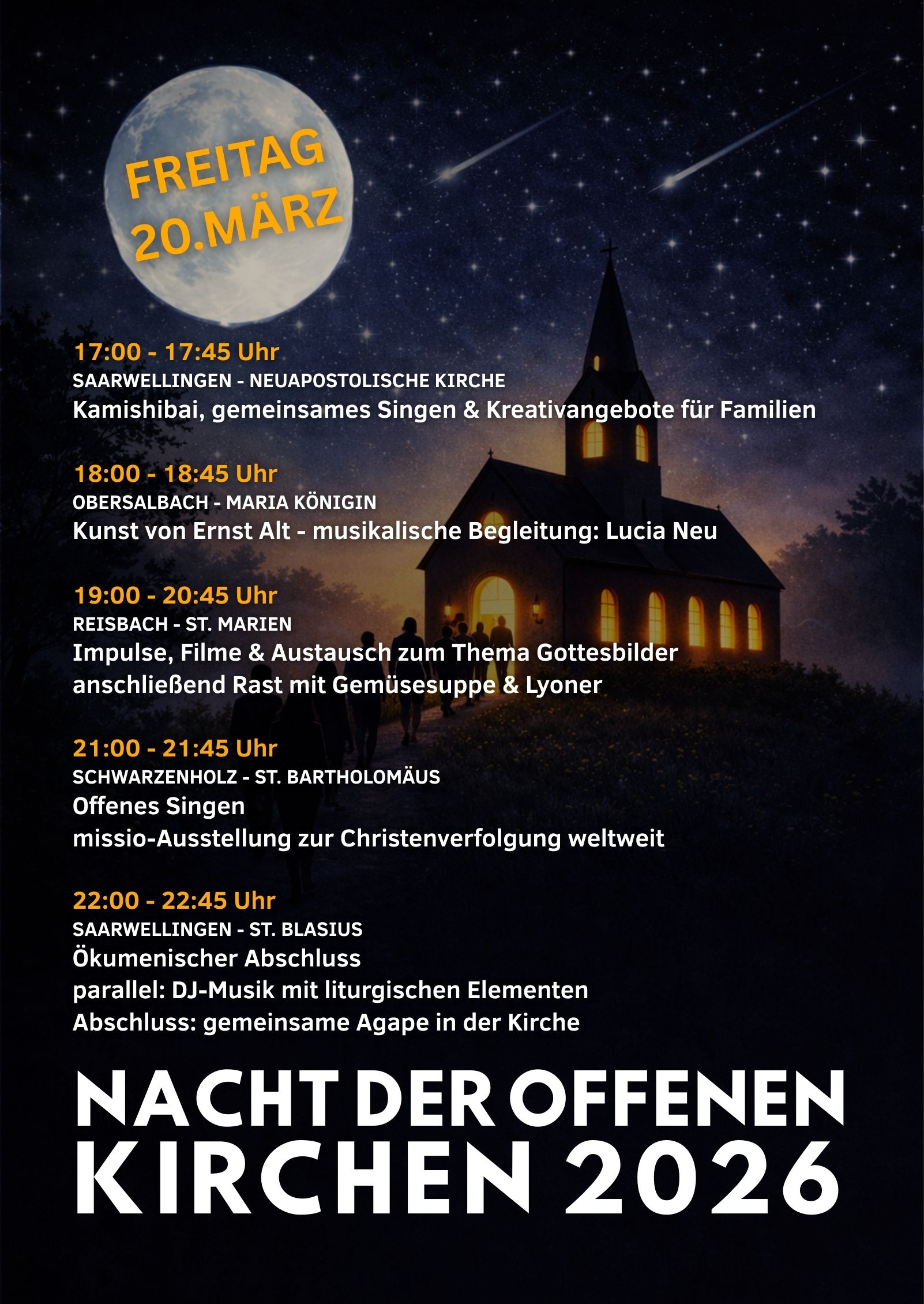 Plakat zur „Nacht der offenen Kirchen 2026“ mit nächtlicher Atmosphäre: Vor einem Sternenhimmel und großem Vollmond steht eine beleuchtete Kirche, zu der Menschen gehen. Auf dem Plakat sind verschiedene Programmpunkte mit Uhrzeiten und Orten aufgeführt, darunter musikalische Angebote, gemeinsames Singen, kreative Familienangebote, Impulse, Filme sowie ein ökumenischer Abschluss mit Agape.