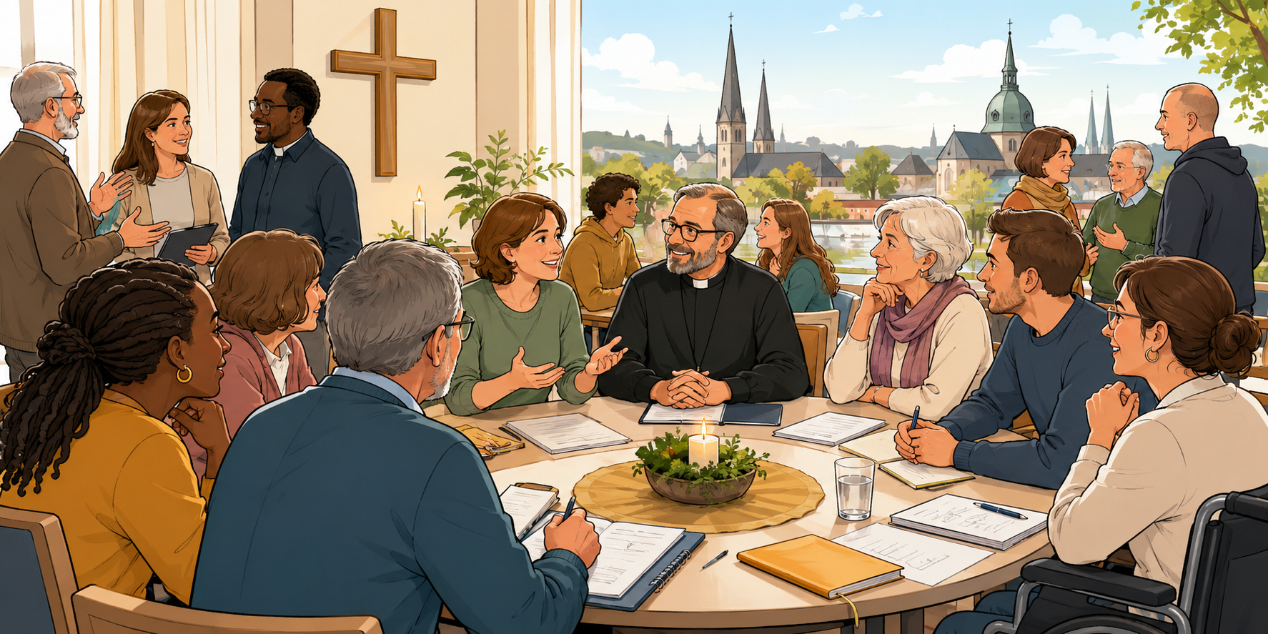 Comicartige Illustration einer synodalen Versammlung in einem hellen Pfarrsaal. Verschiedene Menschen unterschiedlichen Alters sitzen und stehen im Gespräch um einen runden Tisch mit Unterlagen, Notizbüchern und einer Kerze in der Mitte. An der Wand ist ein Kreuz zu sehen, im Hintergrund deuten Kirchtürme und eine freundliche Stadtansicht den pastoralen Raum Saarlouis an. Die Szene wirkt offen, gemeinschaftlich und dialogorientiert (c) Pfarrei Saarwellingen St. Josef Comicartige Illustration einer synodalen Versammlung in einem hellen Pfarrsaal. Verschiedene Menschen unterschiedlichen Alters sitzen und stehen im Gespräch um einen runden Tisch mit Unterlagen, Notizbüchern und einer Kerze in der Mitte. An der Wand ist ein Kreuz zu sehen, im Hintergrund deuten Kirchtürme und eine freundliche Stadtansicht den pastoralen Raum Saarlouis an. Die Szene wirkt offen, gemeinschaftlich und dialogorientiert