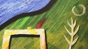 Abstraktes Kunstwerk mit blauem Fluss, grünem Hintergrund, einem gelb-orangen Tor und einem weißen Pflanzensymbol mit Halbmond