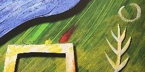 Abstraktes Kunstwerk mit blauem Fluss, grünem Hintergrund, einem gelb-orangen Tor und einem weißen Pflanzensymbol mit Halbmond