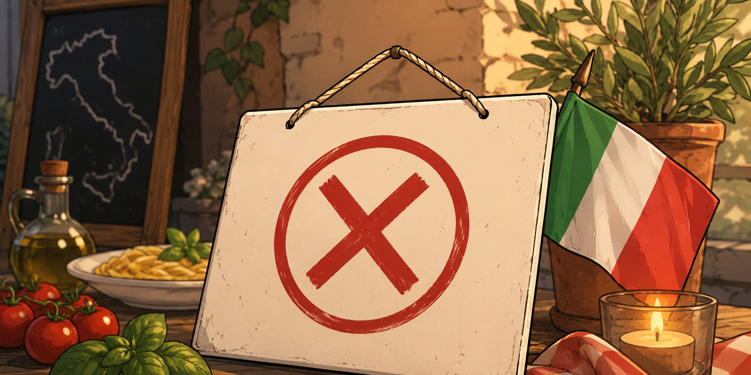Comicartige Illustration einer italienisch gestalteten Tischszene zur Absage eines italienischen Abends. Im Mittelpunkt steht ein Schild mit einem roten Kreuz als Zeichen für die Absage. Darum herum sind eine italienische Flagge, Basilikum, Tomaten, Olivenöl, Pasta, eine Kerze und eine Tafel mit Italien-Umriss zu sehen. Die Szene wirkt warm und freundlich, macht aber deutlich, dass die Veranstaltung nicht stattfindet. (c) Pfarrei Saarwellingen St. Josef Comicartige Illustration einer italienisch gestalteten Tischszene zur Absage eines italienischen Abends. Im Mittelpunkt steht ein Schild mit einem roten Kreuz als Zeichen für die Absage. Darum herum sind eine italienische Flagge, Basilikum, Tomaten, Olivenöl, Pasta, eine Kerze und eine Tafel mit Italien-Umriss zu sehen. Die Szene wirkt warm und freundlich, macht aber deutlich, dass die Veranstaltung nicht stattfindet.