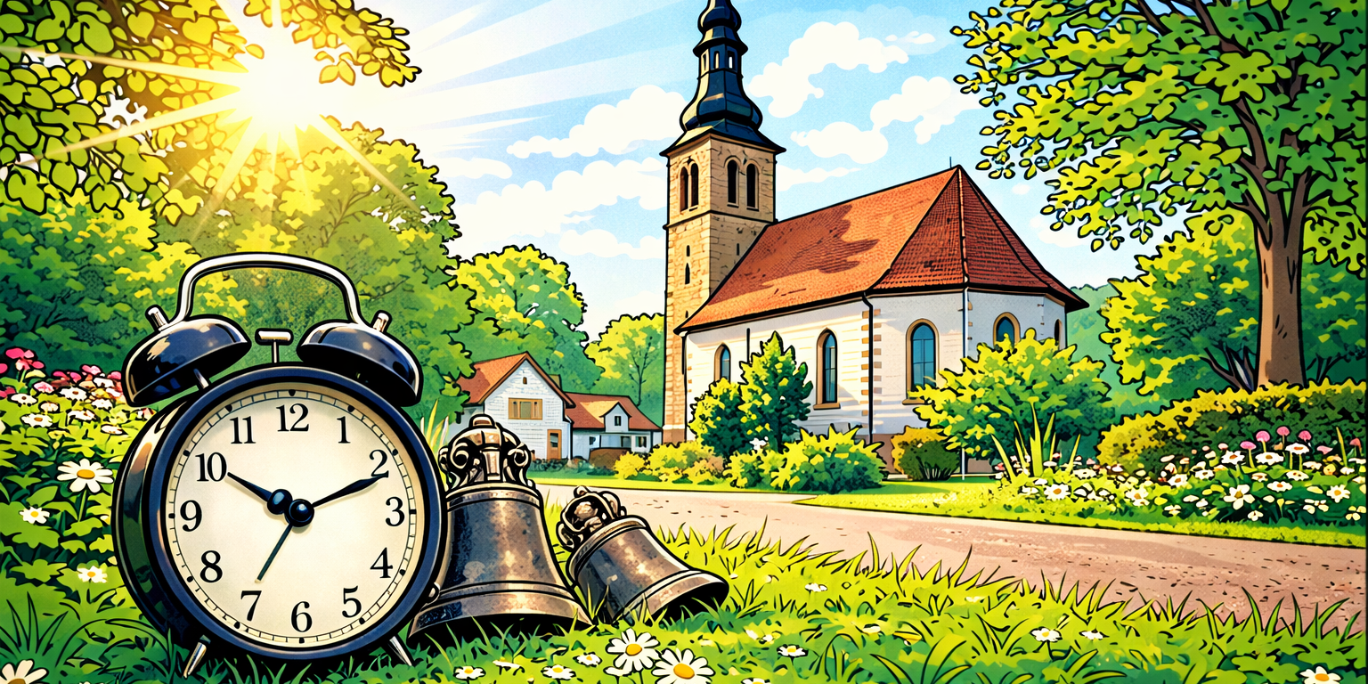 Comicartige Illustration: Im Vordergrund liegen eine analoge Weckuhr und zwei Kirchenglocken im grünen Gras mit Gänseblümchen. Im Hintergrund steht eine Dorfkirche mit Turm, umgeben von Bäumen und Häusern. Die Sonne scheint, die Szene wirkt ruhig und freundlich. Das Bild symbolisiert veränderte Gottesdienstzeiten.