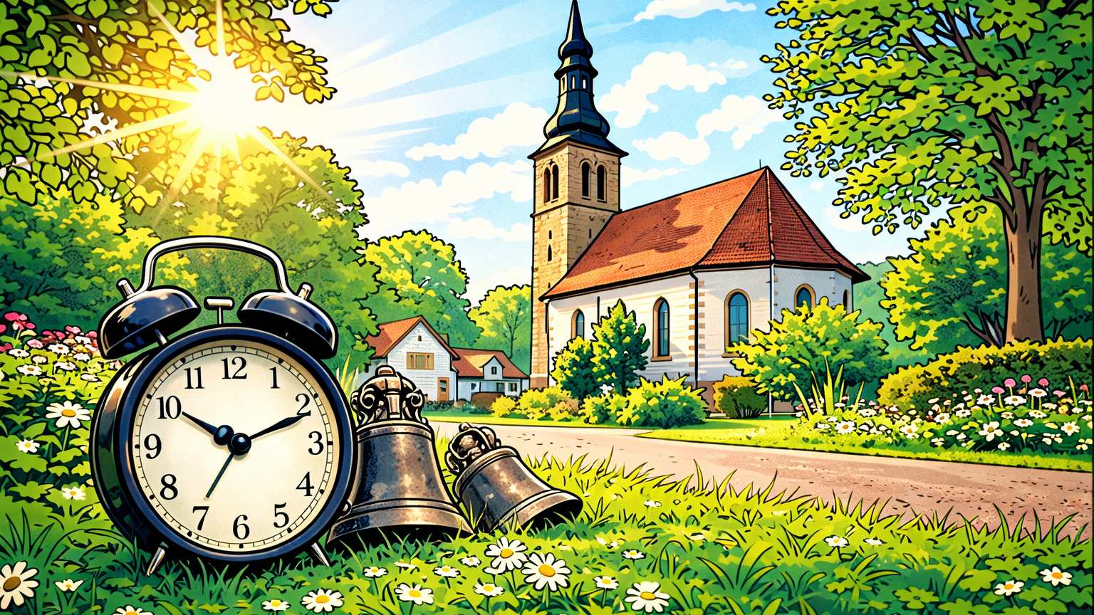 Comicartige Illustration: Im Vordergrund liegen eine analoge Weckuhr und zwei Kirchenglocken im grünen Gras mit Gänseblümchen. Im Hintergrund steht eine Dorfkirche mit Turm, umgeben von Bäumen und Häusern. Die Sonne scheint, die Szene wirkt ruhig und freundlich. Das Bild symbolisiert veränderte Gottesdienstzeiten.