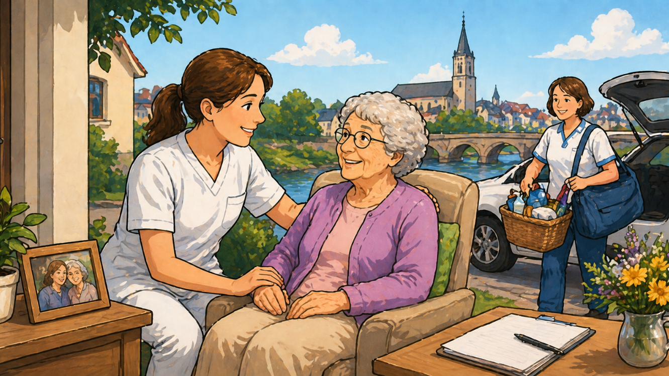 Freundliche Comic-Illustration einer Pflegekraft, die sich liebevoll um eine ältere Frau in ihrem Zuhause kümmert, während im Hintergrund eine weitere Helferin mit Einkäufen ankommt; idyllische Kleinstadt mit Kirche und Fluss im Hintergrund, ohne sichtbare Logos.