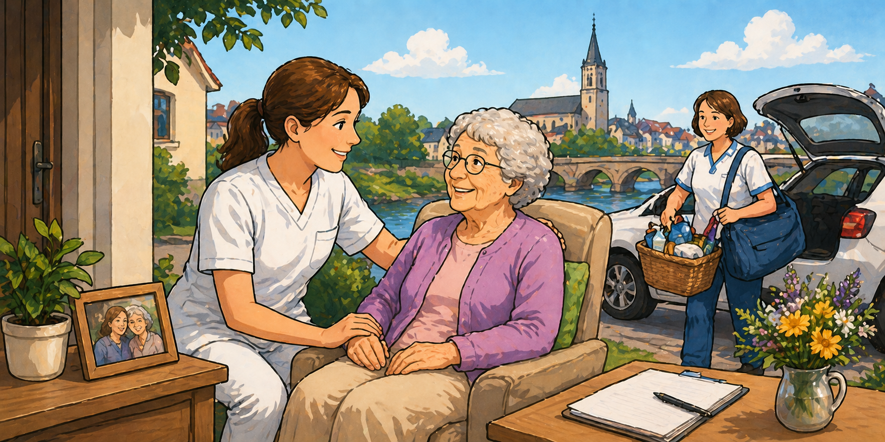 Freundliche Comic-Illustration einer Pflegekraft, die sich liebevoll um eine ältere Frau in ihrem Zuhause kümmert, während im Hintergrund eine weitere Helferin mit Einkäufen ankommt; idyllische Kleinstadt mit Kirche und Fluss im Hintergrund, ohne sichtbare Logos.