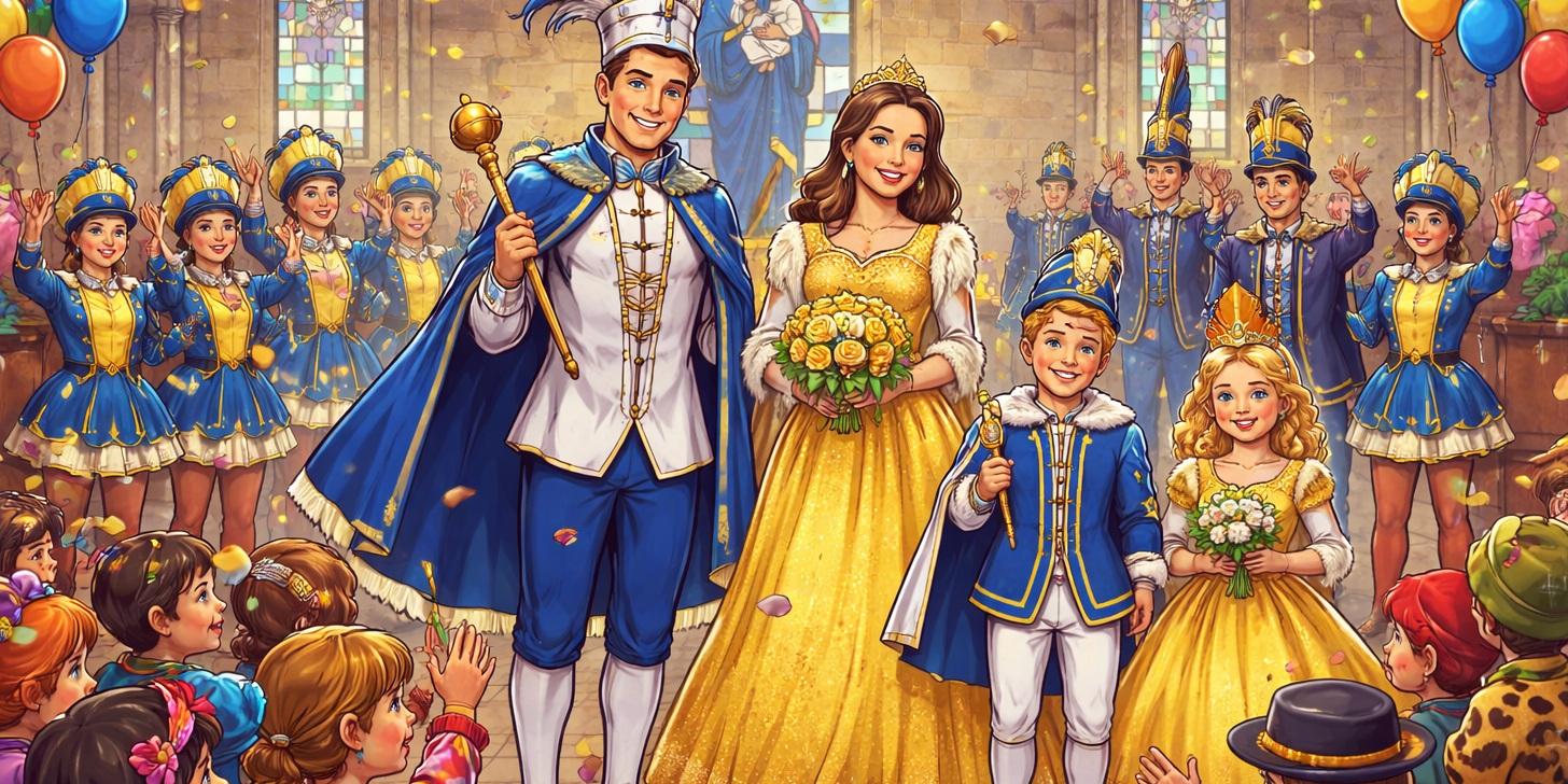 Bunte, comicartige Illustration eines festlichen Gottesdienstes in einer Kirche am Fasendsonntag. In der Mitte stehen ein Prinzenpaar und ein Kinderprinzenpaar in blau-goldenen Kostümen, umgeben von Garden und vielen verkleideten Kindern und Erwachsenen. Girlanden, Luftballons und Konfetti schmücken den Kirchenraum und schaffen eine fröhliche, familienfreundliche Atmosphäre.