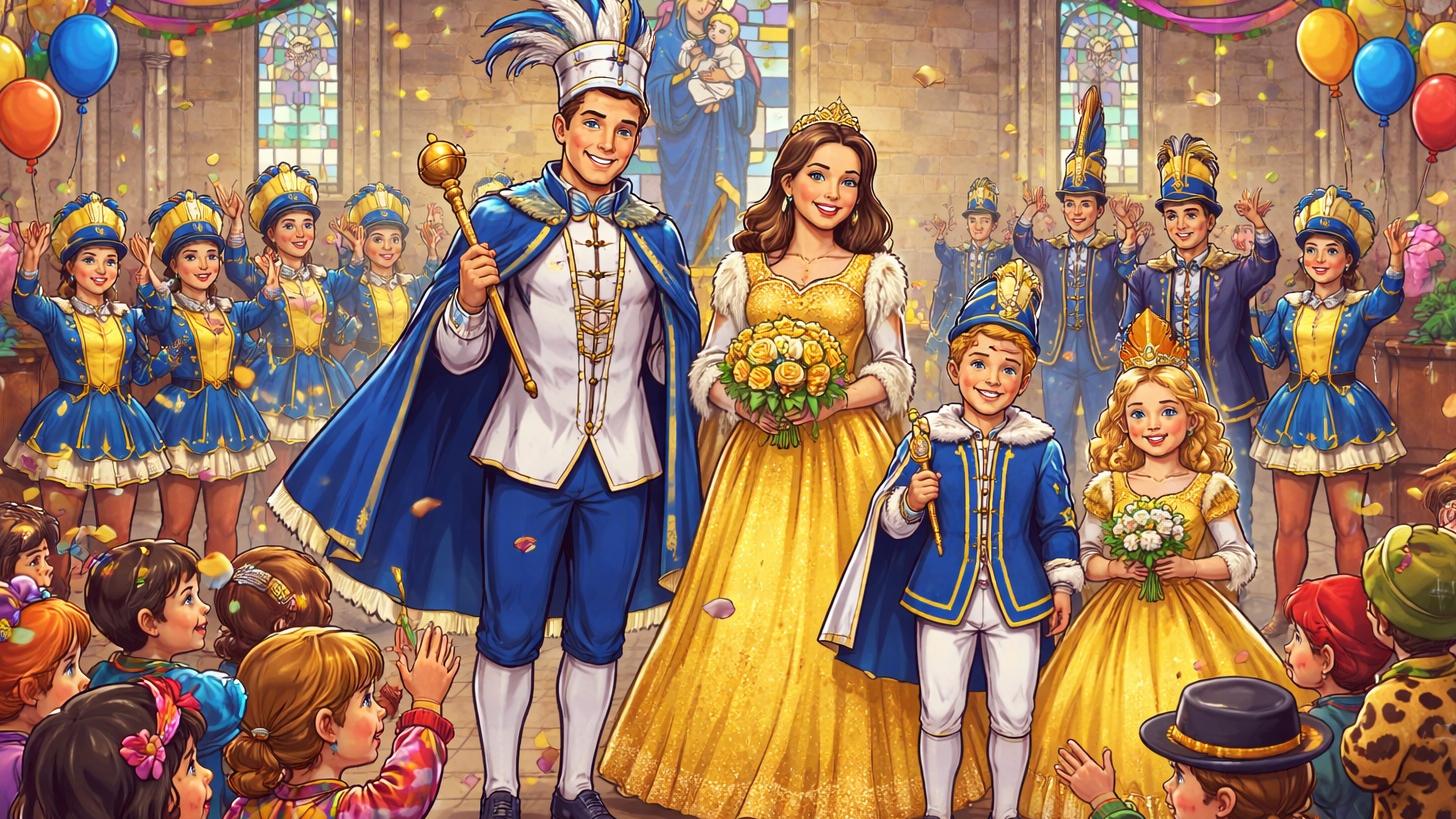 Bunte, comicartige Illustration eines festlichen Gottesdienstes in einer Kirche am Fasendsonntag. In der Mitte stehen ein Prinzenpaar und ein Kinderprinzenpaar in blau-goldenen Kostümen, umgeben von Garden und vielen verkleideten Kindern und Erwachsenen. Girlanden, Luftballons und Konfetti schmücken den Kirchenraum und schaffen eine fröhliche, familienfreundliche Atmosphäre.