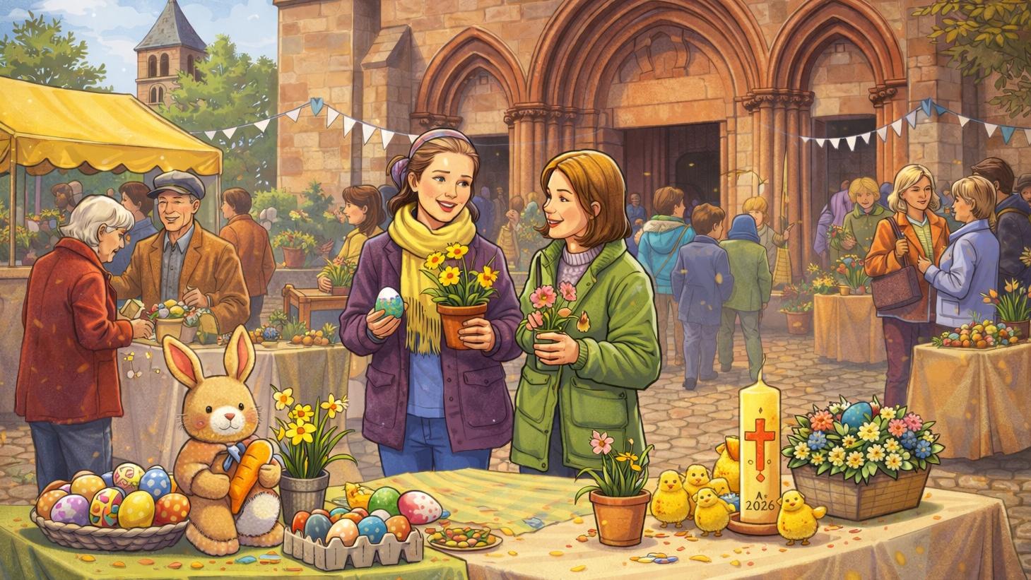 Illustration eines kleinen Ostermarktes vor einer Kirche. Zwei Frauen stehen an einem Tisch mit frühlingshafter Dekoration wie bemalten Ostereiern, Blumentöpfen und kleinen Osterfiguren. Im Hintergrund sind einige weitere Marktstände und Besucher zu sehen. Die Szene wirkt ruhig, freundlich und frühlingshaft.