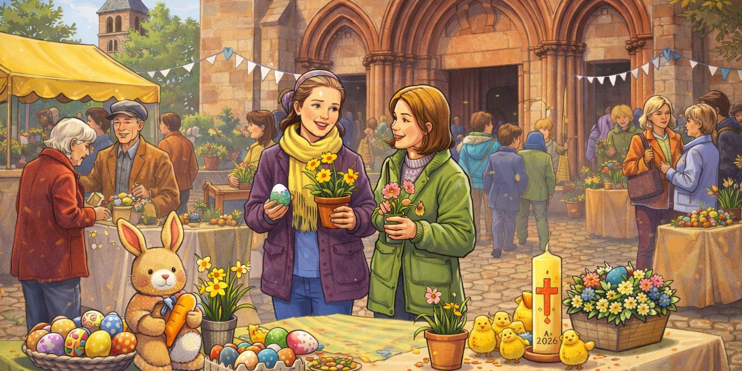 Illustration eines kleinen Ostermarktes vor einer Kirche. Zwei Frauen stehen an einem Tisch mit frühlingshafter Dekoration wie bemalten Ostereiern, Blumentöpfen und kleinen Osterfiguren. Im Hintergrund sind einige weitere Marktstände und Besucher zu sehen. Die Szene wirkt ruhig, freundlich und frühlingshaft.