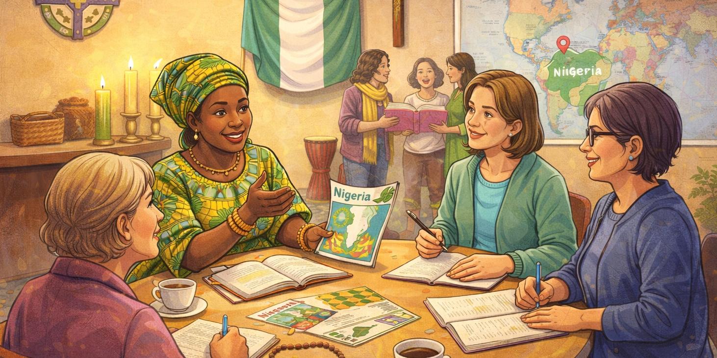 Illustration eines Vorbereitungstreffens zum Weltgebetstag der Frauen. Mehrere Frauen sitzen gemeinsam an einem Tisch, tauschen sich aus und machen sich Notizen. Kerzen, Bücher und Materialien liegen bereit. Im Hintergrund sind eine Weltkarte mit dem Schwerpunkt Nigeria, eine Fahne in Grün-Weiß-Grün sowie christliche Symbole zu sehen. Die Szene vermittelt Gemeinschaft, ökumenischen Austausch und gemeinsames Gebet.