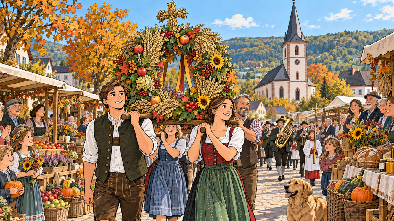 Comicillustration des Erntedankfestes in Schwarzenholz mit einem prächtigen Erntekranz, einem festlichen Umzug, regionalem Bauernmarkt und der Kirche im Hintergrund.
