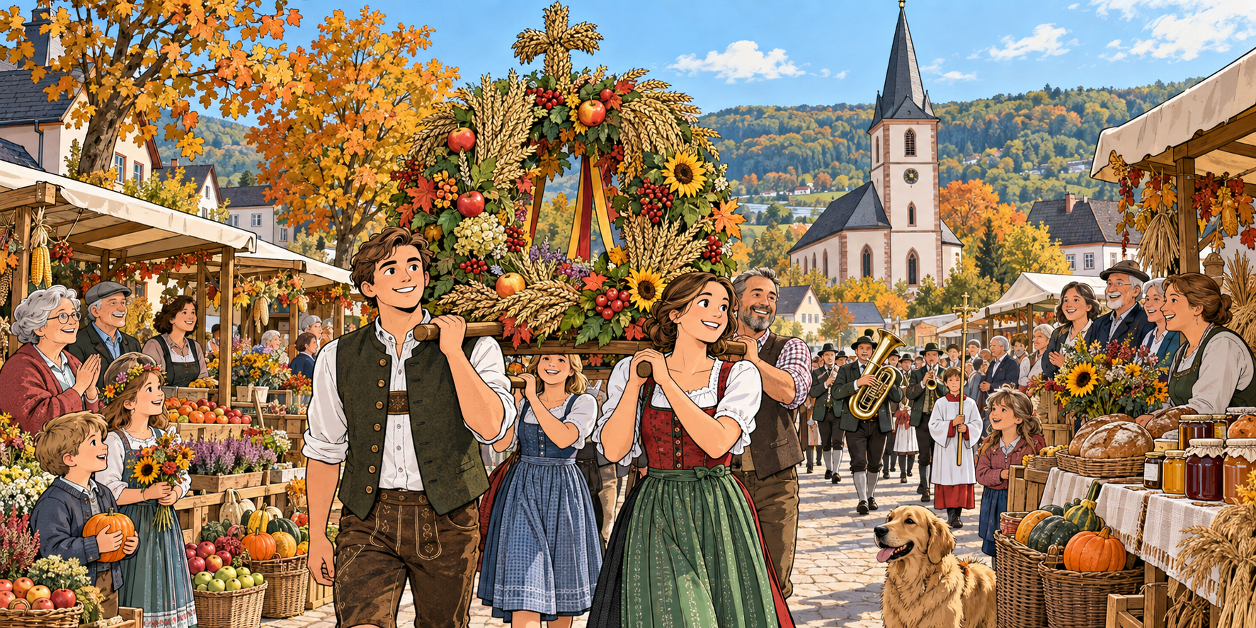 Comicillustration des Erntedankfestes in Schwarzenholz mit einem prächtigen Erntekranz, einem festlichen Umzug, regionalem Bauernmarkt und der Kirche im Hintergrund.