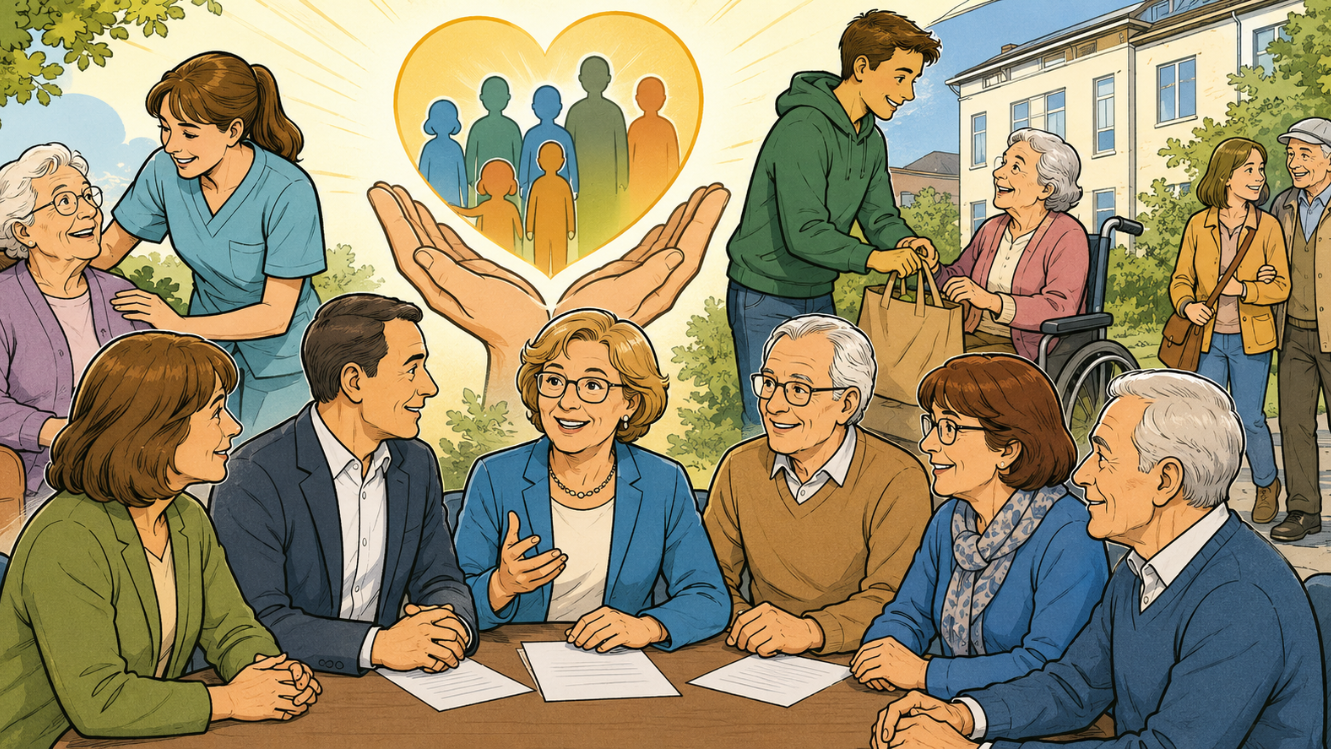 Comicartige Darstellung eines neu gewählten Verwaltungsrates an einem Tisch. Im Hintergrund stehen ambulante Pflege, Unterstützung älterer und kranker Menschen sowie die generationenübergreifende Solidargemeinschaft im Mittelpunkt.