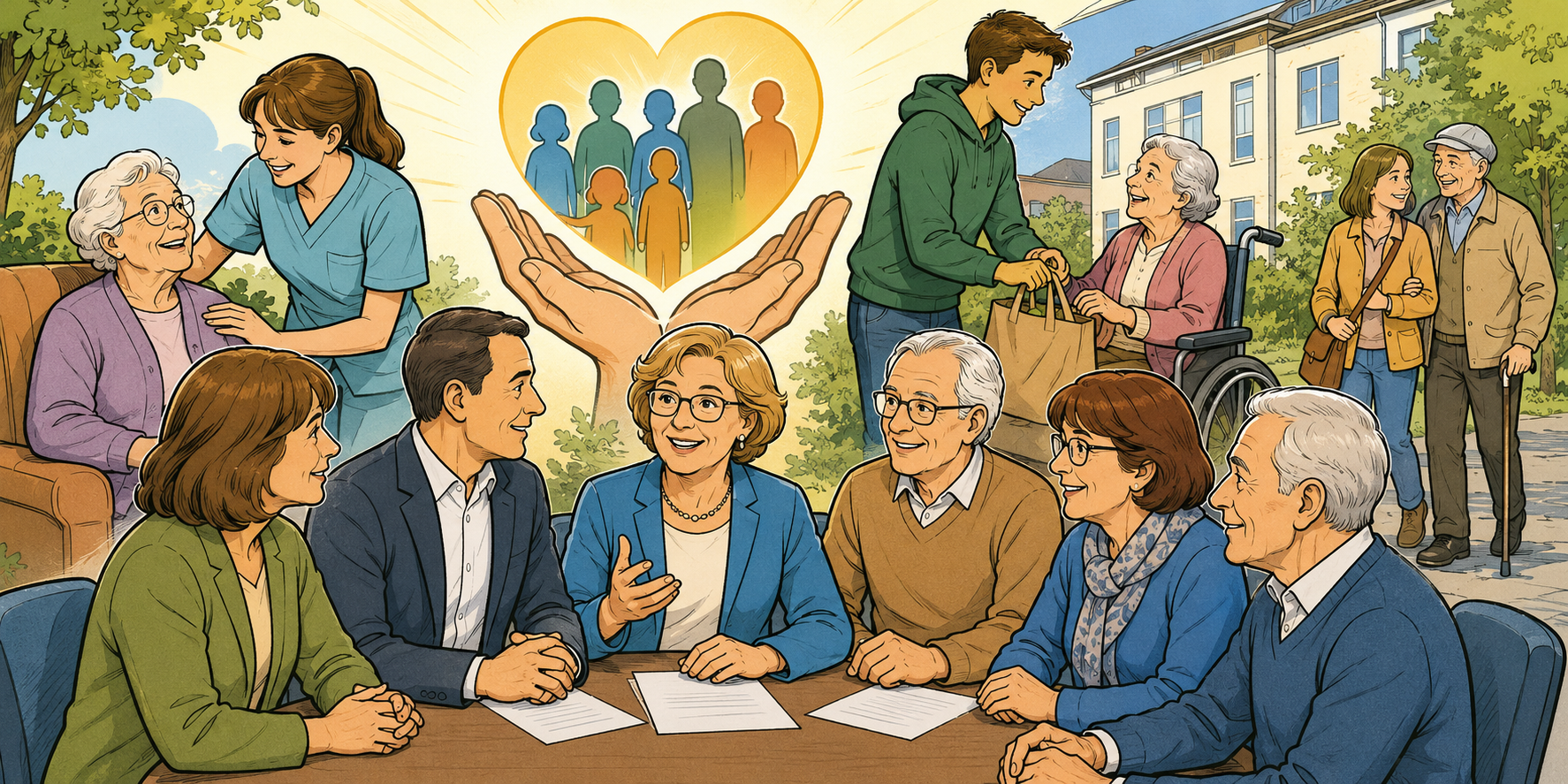 Comicartige Darstellung eines neu gewählten Verwaltungsrates an einem Tisch. Im Hintergrund stehen ambulante Pflege, Unterstützung älterer und kranker Menschen sowie die generationenübergreifende Solidargemeinschaft im Mittelpunkt. (c) Pfarrei Saarwellingen St. Josef Comicartige Darstellung eines neu gewählten Verwaltungsrates an einem Tisch. Im Hintergrund stehen ambulante Pflege, Unterstützung älterer und kranker Menschen sowie die generationenübergreifende Solidargemeinschaft im Mittelpunkt.