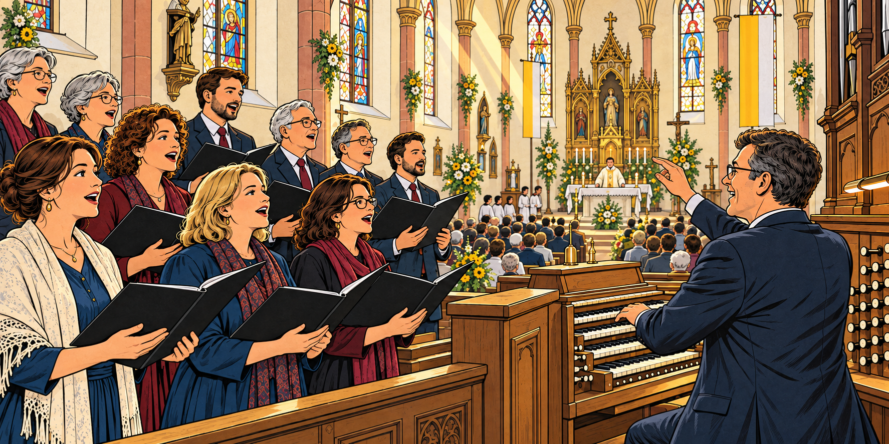 Artikelbild Kirchenchor KI (c) Pfarrei Saarwellingen St. Josef Comicillustration eines festlichen Gottesdienstes in der Pfarrkirche mit singendem Kirchenchor und einem Organisten, der den Chor von der Orgel aus leitet.